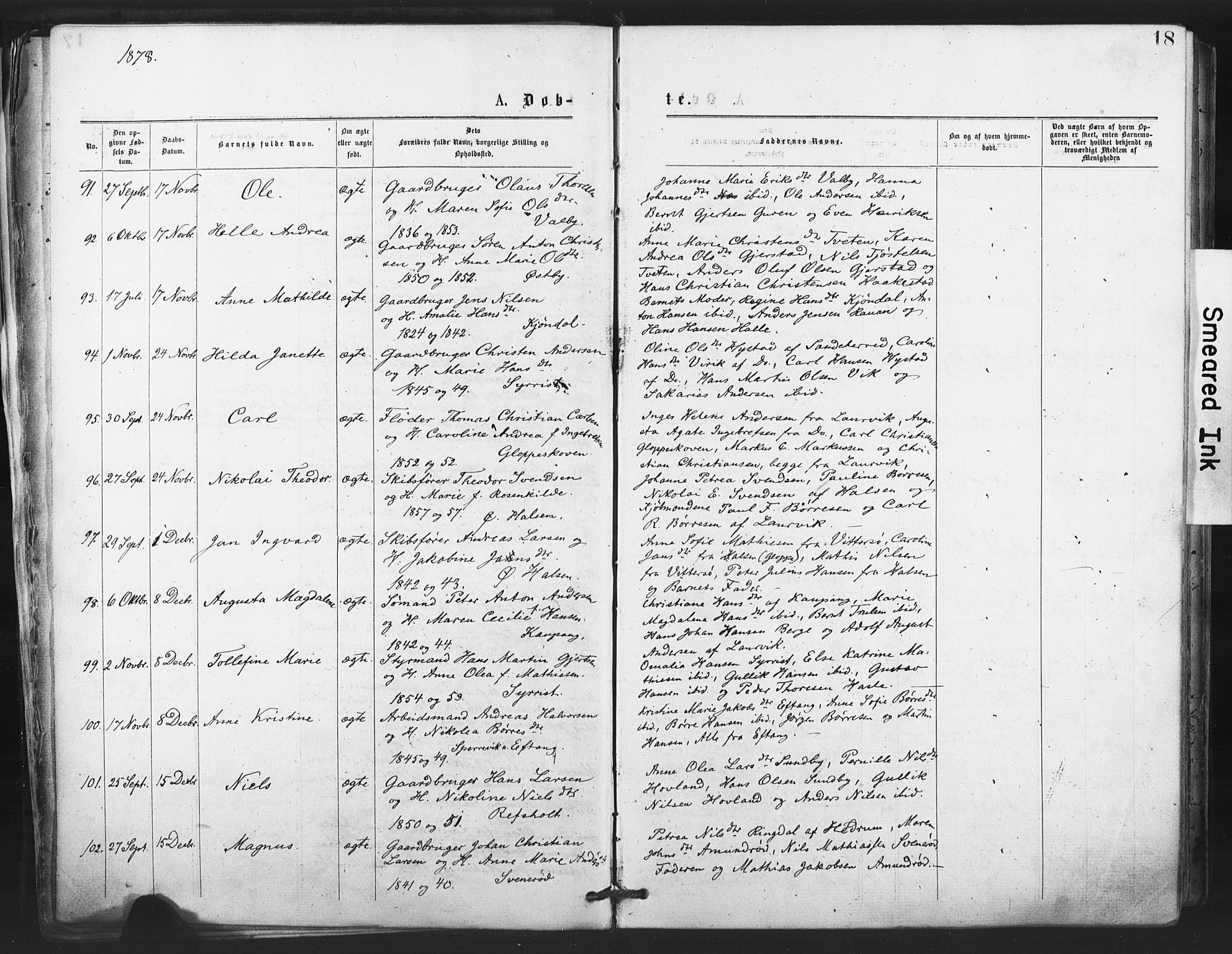 Tjølling kirkebøker, SAKO/A-60/F/Fa/L0008: Parish register (official) no. 8, 1877-1886, p. 18