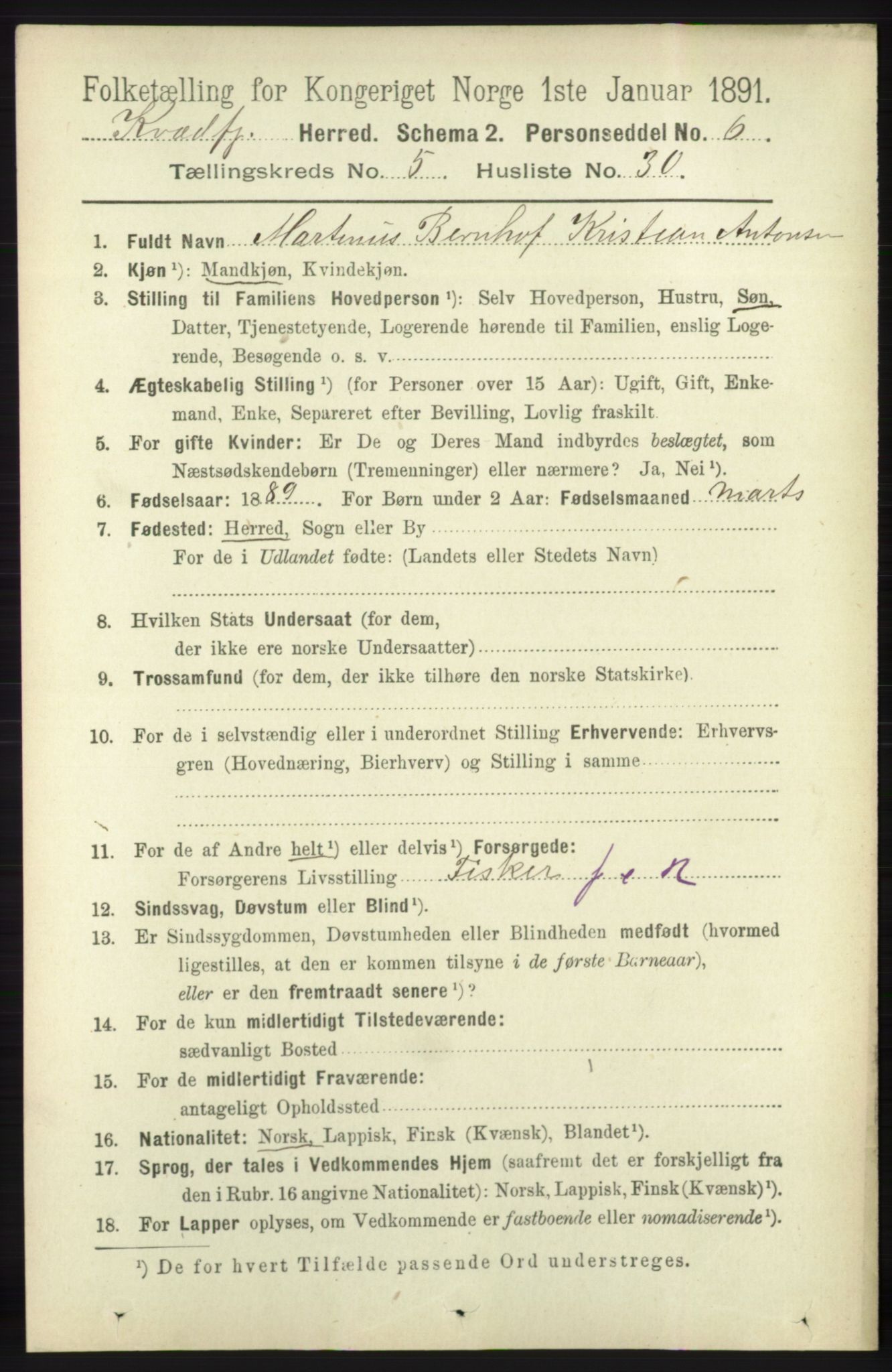 RA, 1891 census for 1911 Kvæfjord, 1891, p. 3049