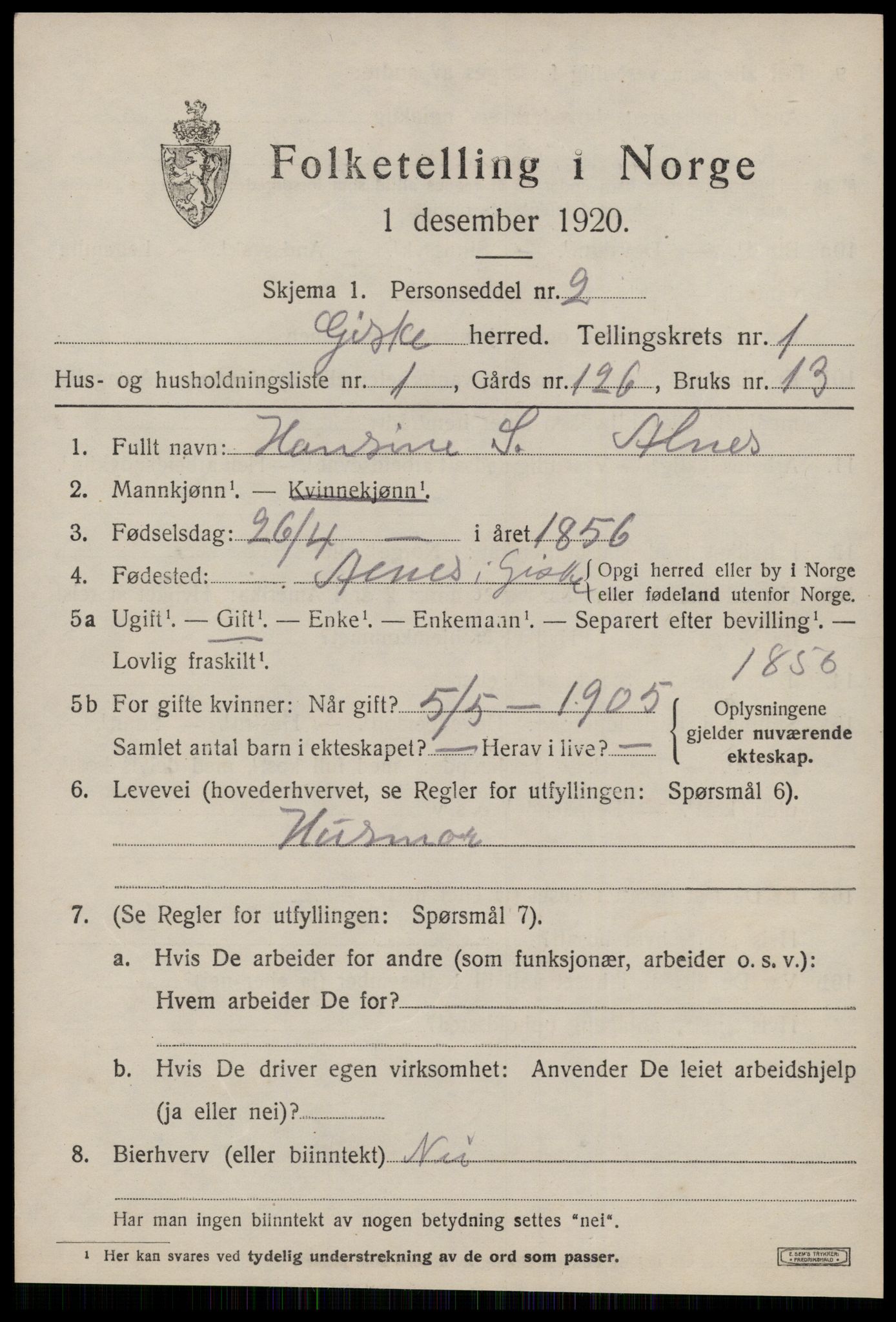 SAT, 1920 census for Giske, 1920, p. 516