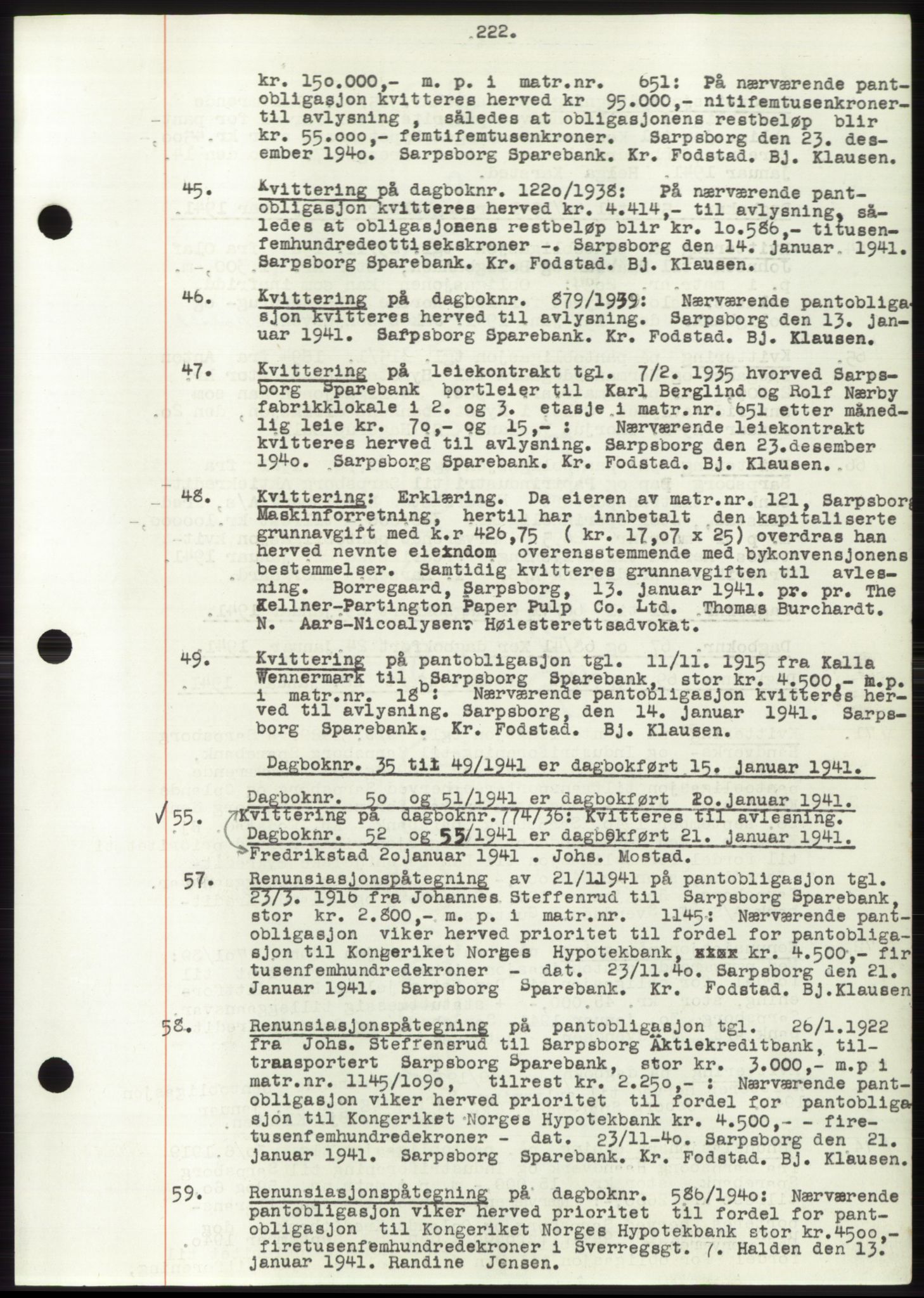 Sarpsborg byfogd, SAO/A-10864/G/Ga/Gae/L0001: Mortgage book no. C1, 1943-1951, Deed date: 15.01.1941