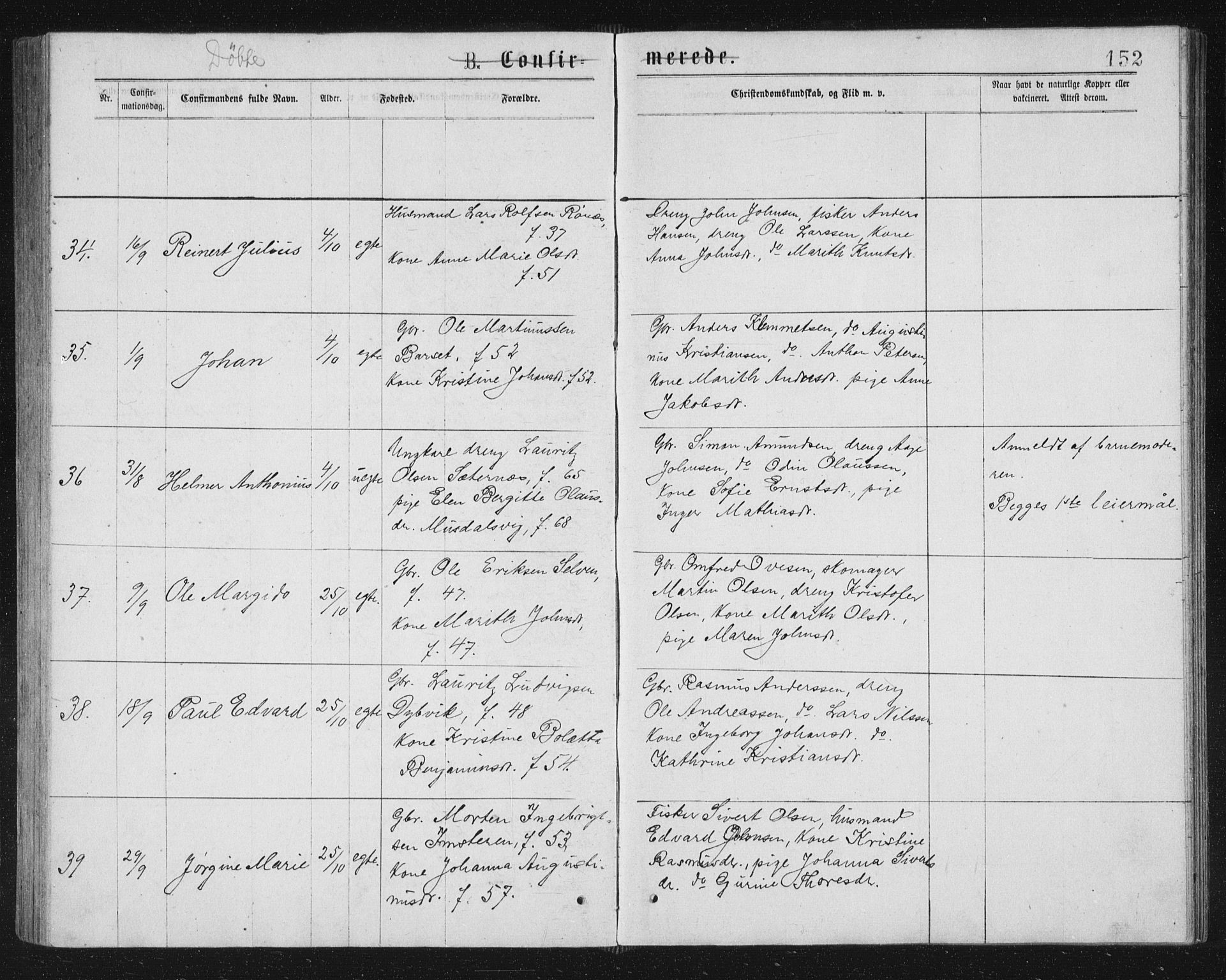 Ministerialprotokoller, klokkerbøker og fødselsregistre - Sør-Trøndelag, AV/SAT-A-1456/662/L0756: Parish register (copy) no. 662C01, 1869-1891, p. 152