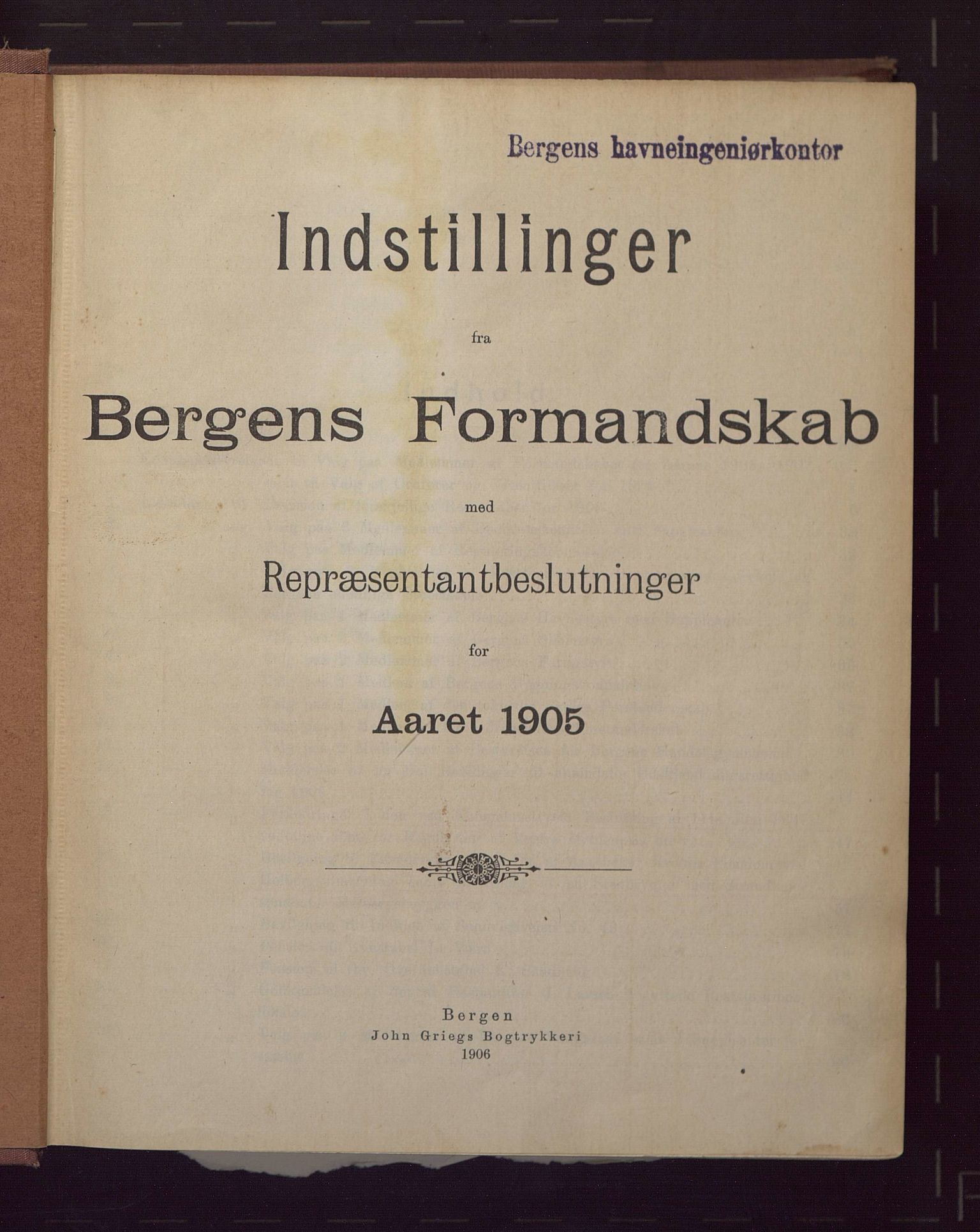 Bergen kommune. Formannskapet, BBA/A-0003/Ad/L0072: Bergens Kommuneforhandlinger, bind I, 1905