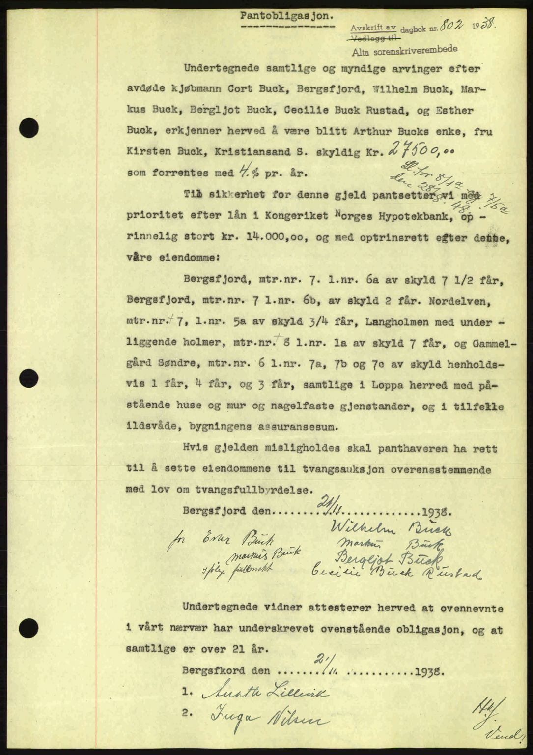 Alta fogderi/sorenskriveri, SATØ/SATØ-5/1/K/Kd/L0031pantebok: Mortgage book no. 31, 1938-1939, Diary no: : 802/1938