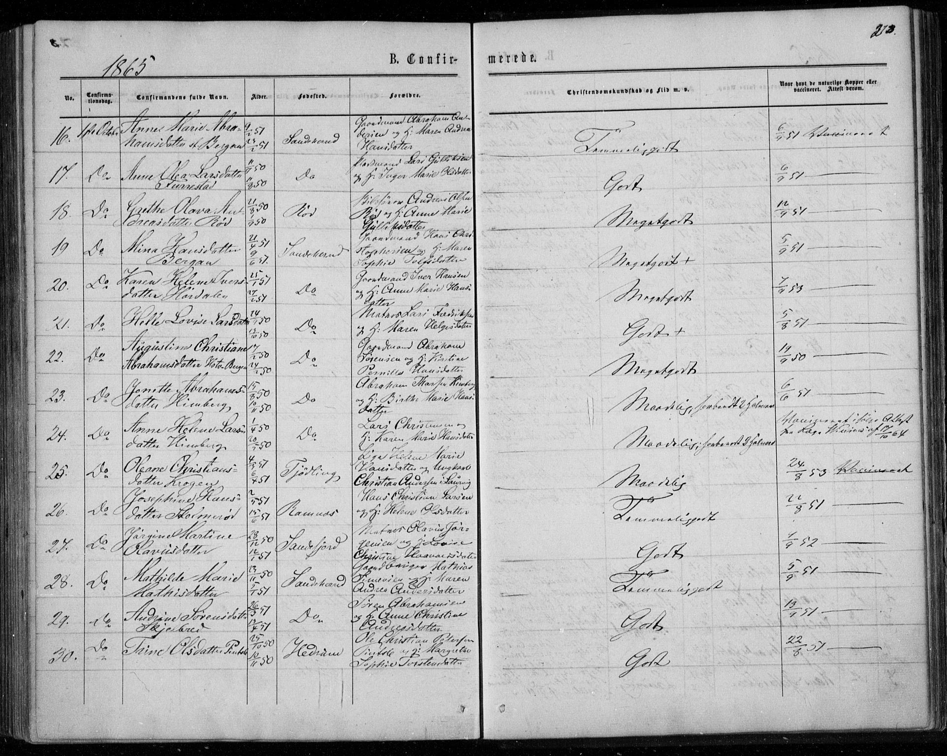 Sandar kirkebøker, SAKO/A-243/F/Fa/L0008: Parish register (official) no. 8, 1862-1871, p. 273