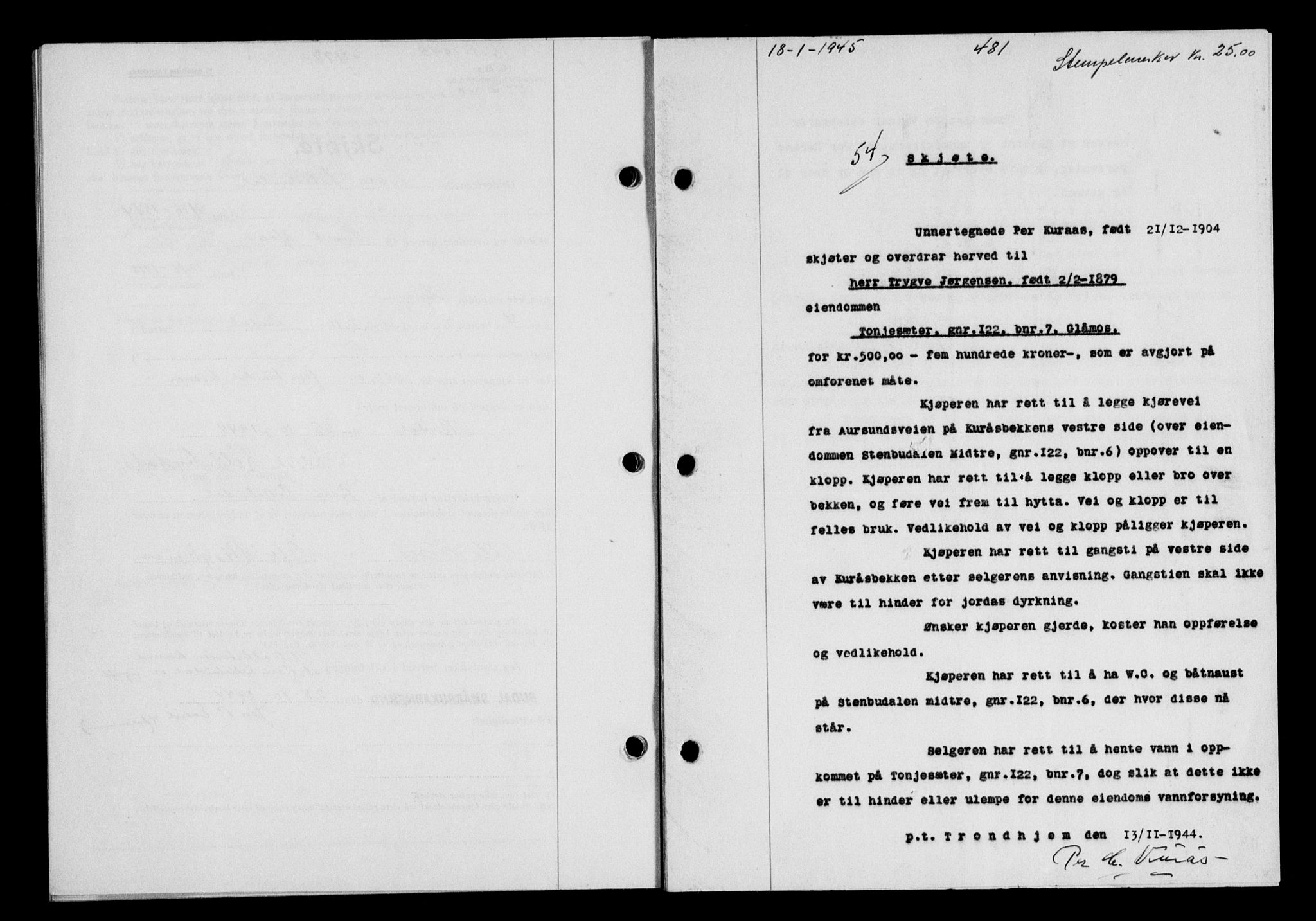 Gauldal sorenskriveri, SAT/A-0014/1/2/2C/L0058: Mortgage book no. 63, 1944-1945, Diary no: : 54/1945