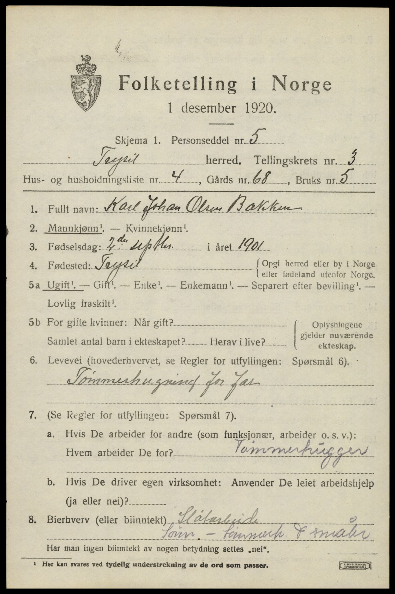 SAH, 1920 census for Trysil, 1920, p. 3521