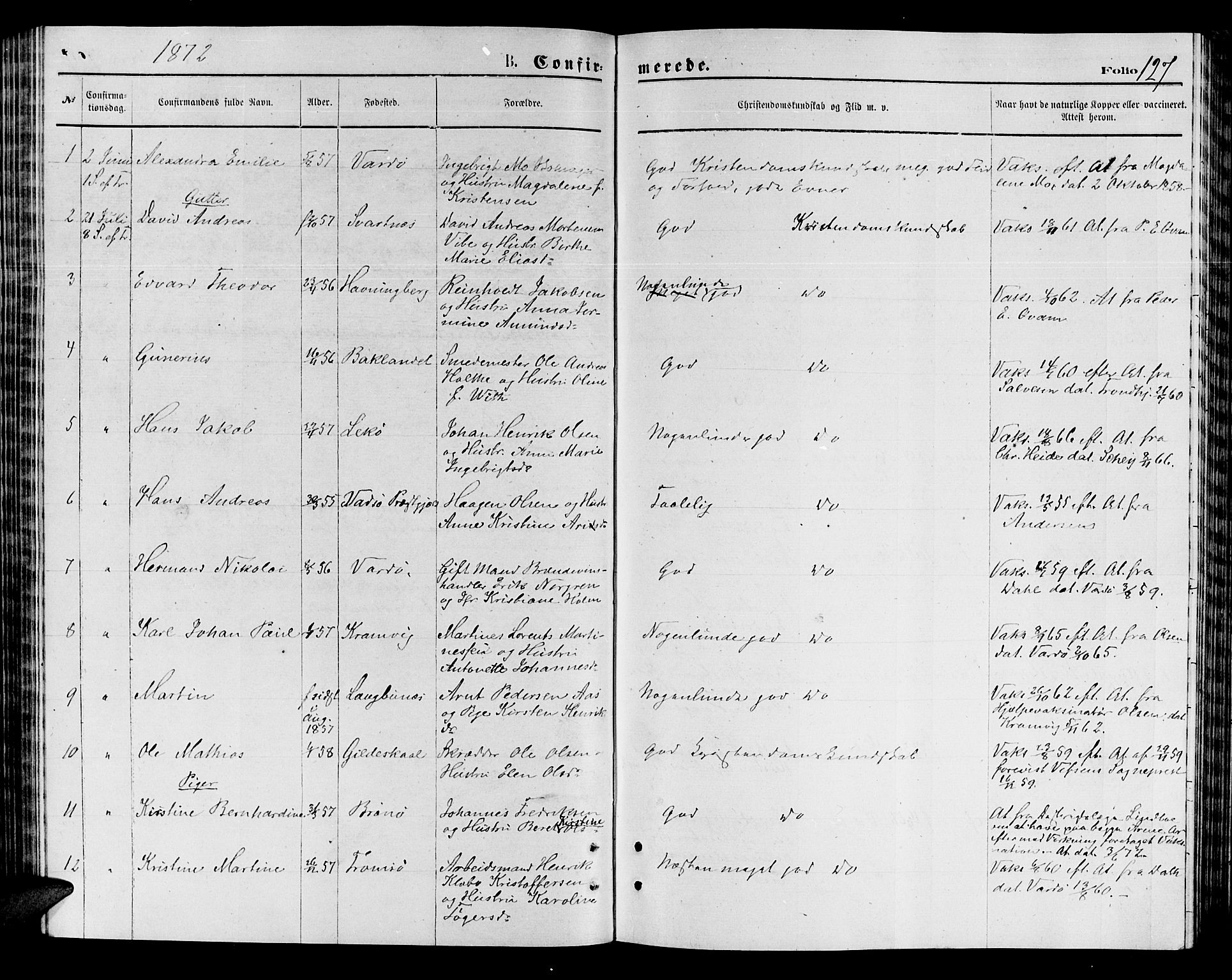 Vardø sokneprestkontor, SATØ/S-1332/H/Hb/L0003klokker: Parish register (copy) no. 3, 1871-1878, p. 127