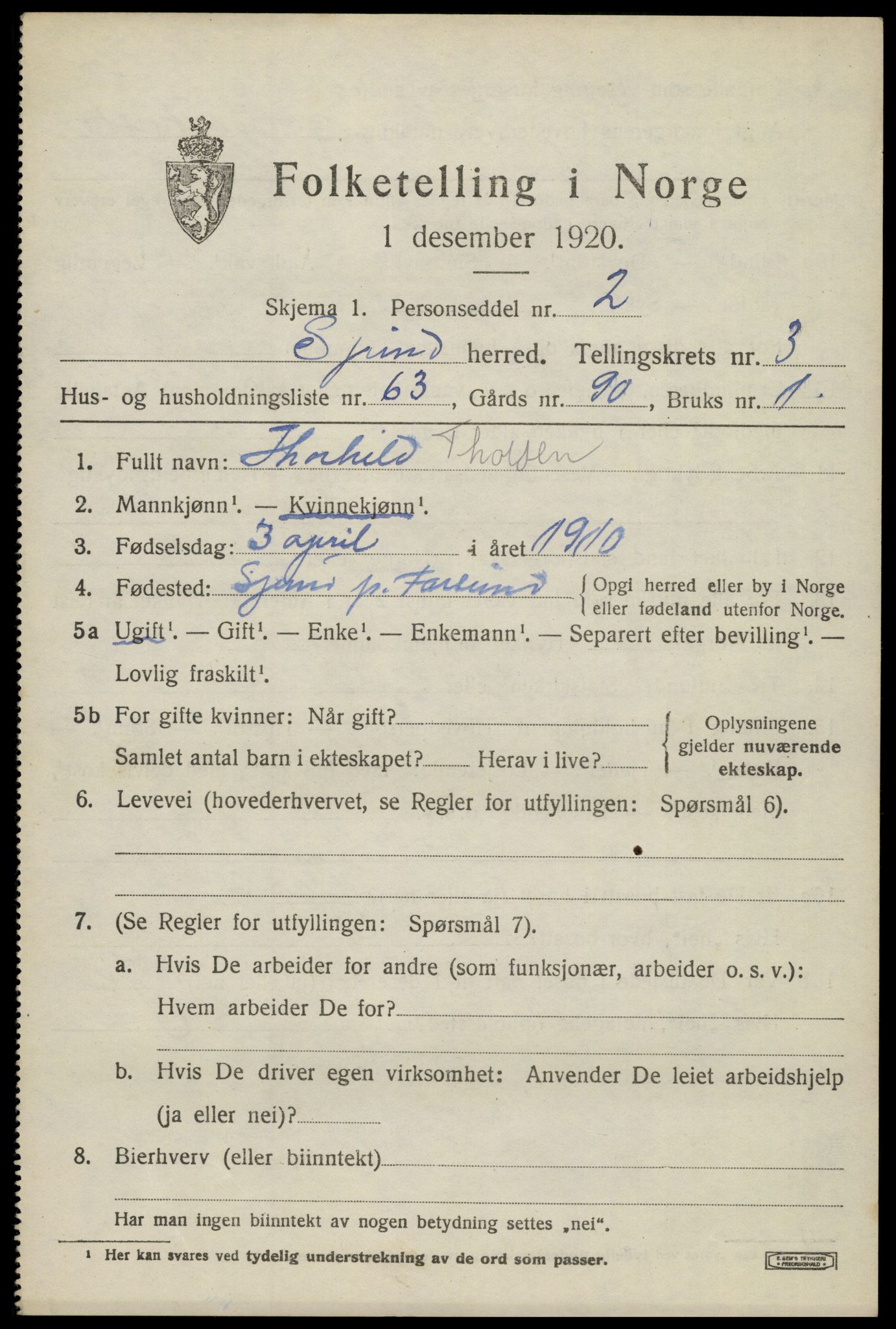 SAK, 1920 census for Spind, 1920, p. 2181