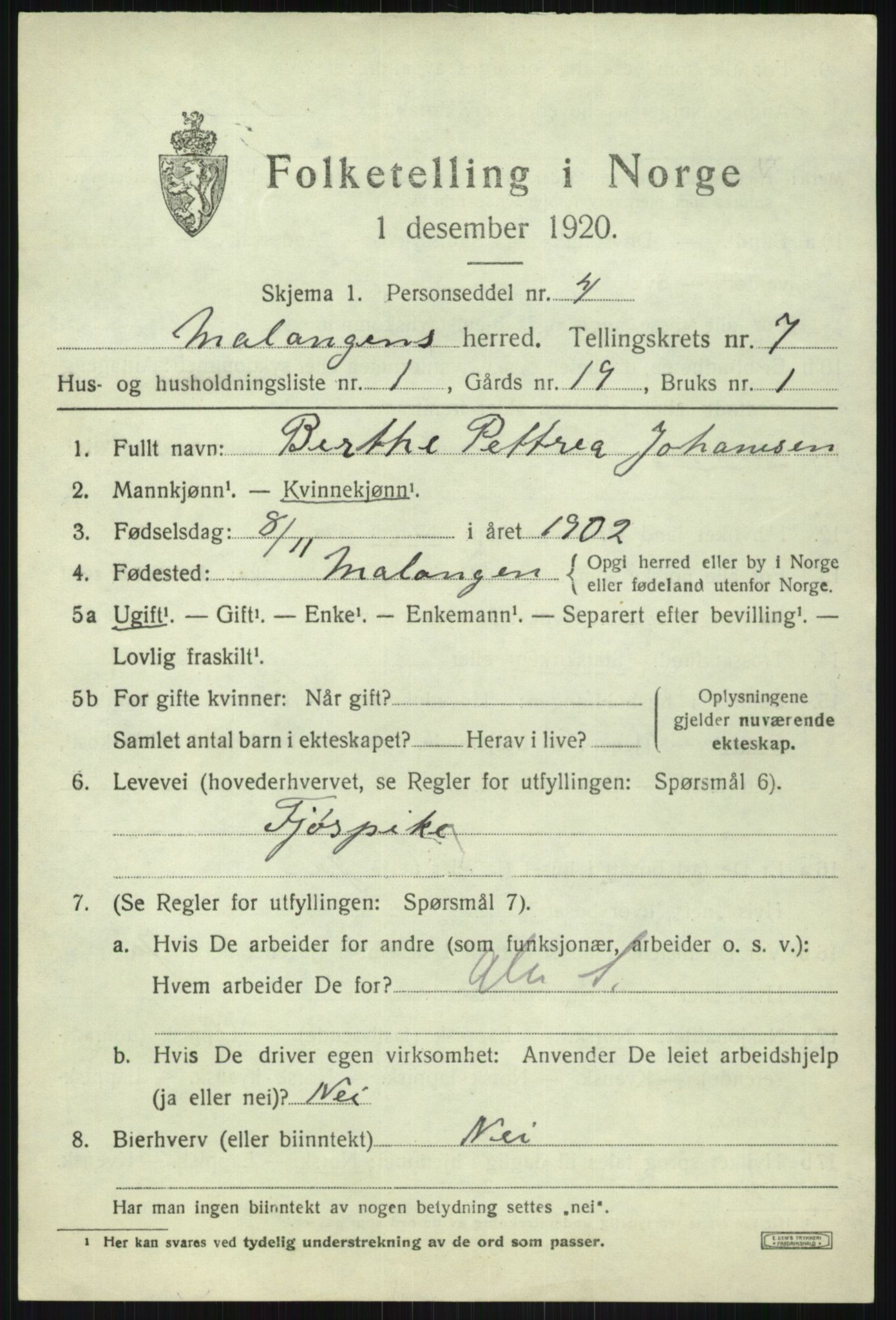 SATØ, 1920 census for Malangen, 1920, p. 2774