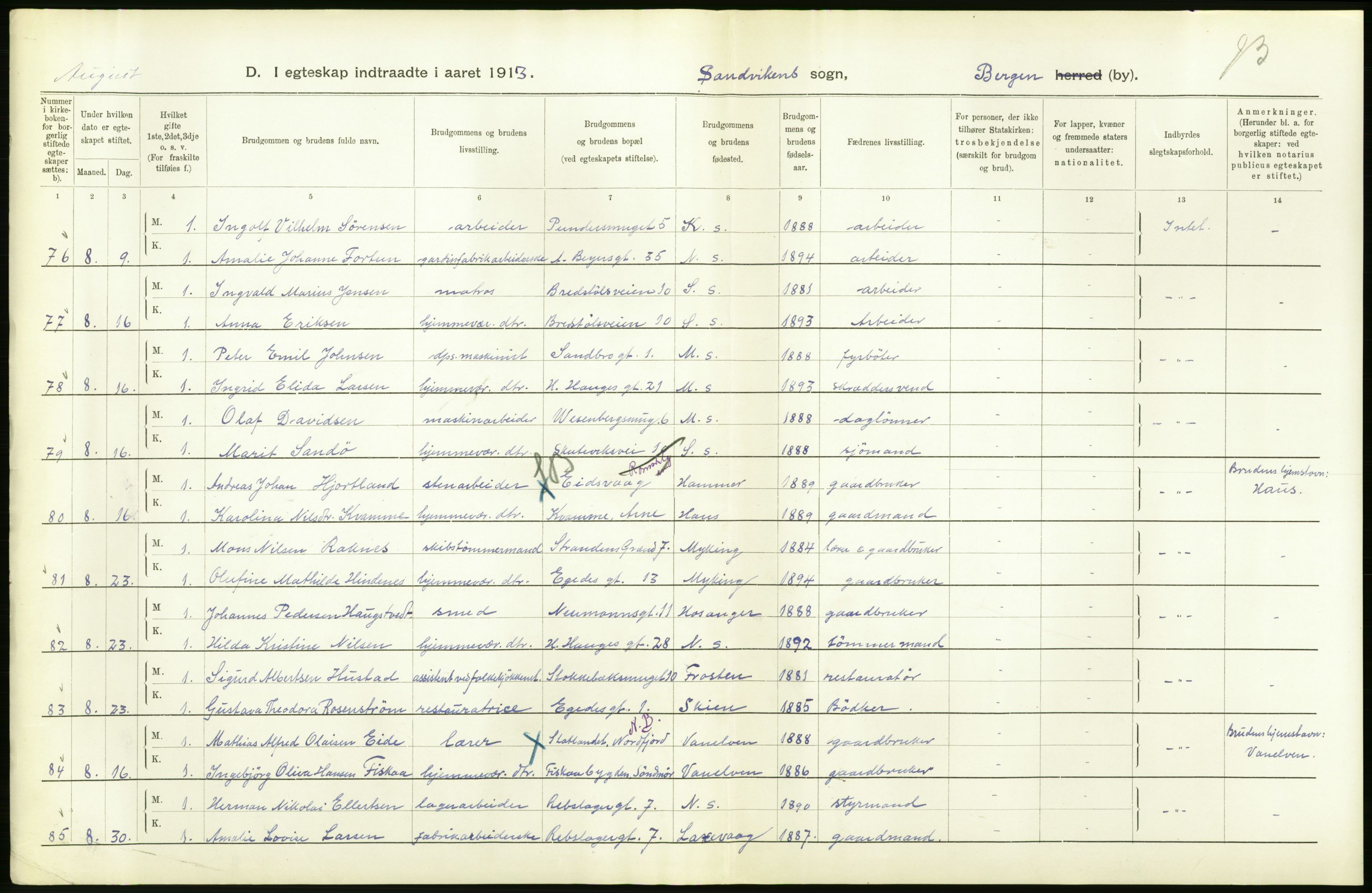 Statistisk sentralbyrå, Sosiodemografiske emner, Befolkning, AV/RA-S-2228/D/Df/Dfb/Dfbc/L0031: Bergen: Gifte, døde, dødfødte., 1913, p. 26