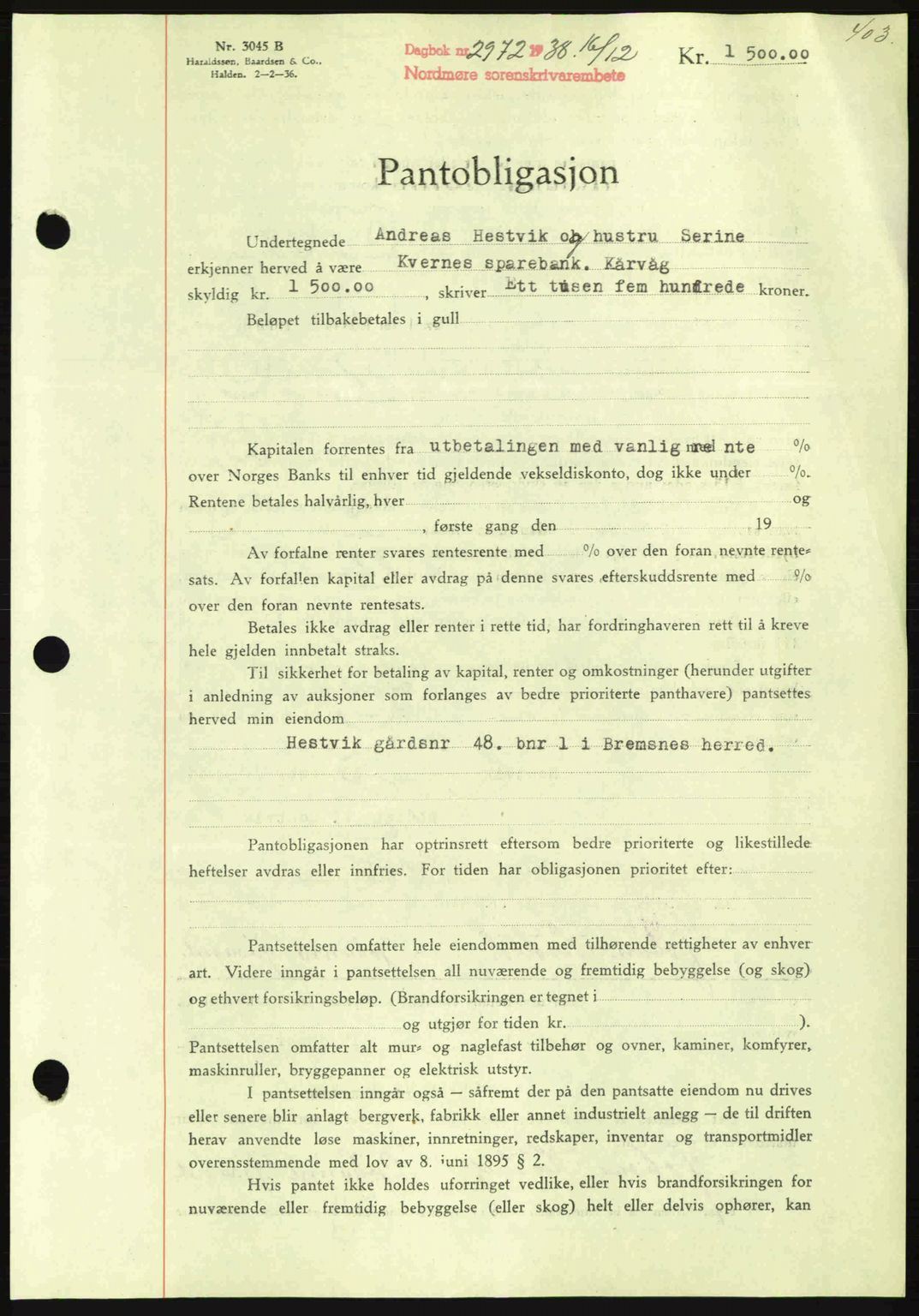 Nordmøre sorenskriveri, SAT/A-4132/1/2/2Ca: Mortgage book no. B84, 1938-1939, Diary no: : 2972/1938