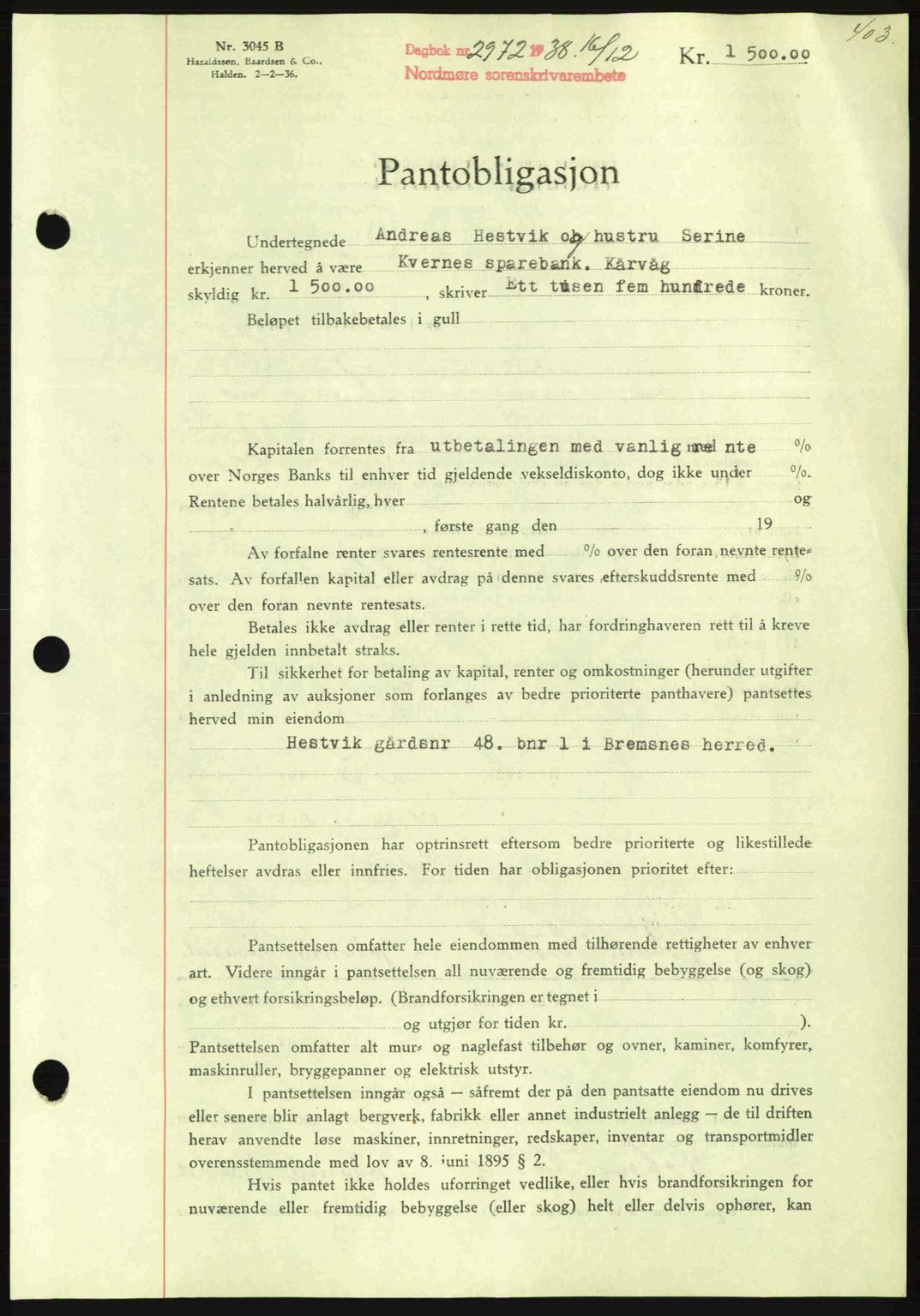 Nordmøre sorenskriveri, AV/SAT-A-4132/1/2/2Ca: Mortgage book no. B84, 1938-1939, Diary no: : 2972/1938