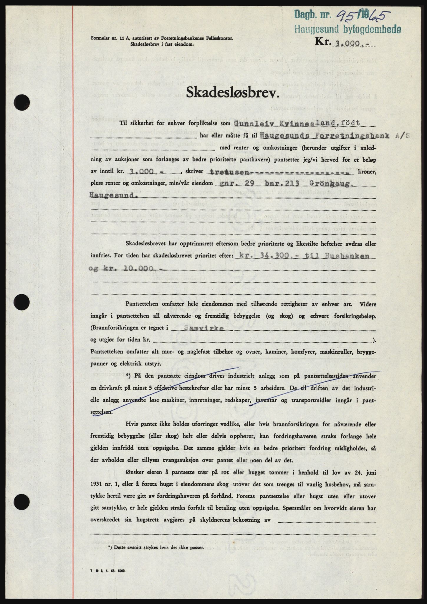 Haugesund tingrett, SAST/A-101415/01/II/IIC/L0053: Mortgage book no. B 53, 1965-1965, Diary no: : 95/1965