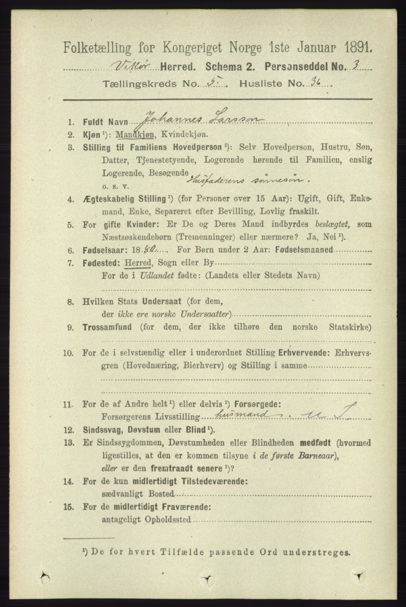 RA, 1891 census for 1238 Vikør, 1891, p. 1603