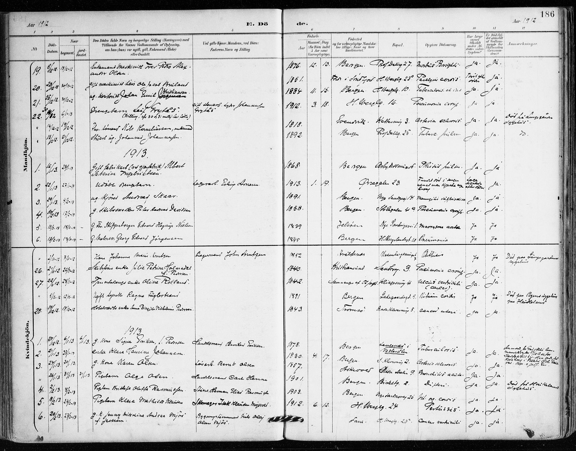 Mariakirken Sokneprestembete, AV/SAB-A-76901/H/Haa/L0008: Parish register (official) no. A 8, 1893-1942, p. 186