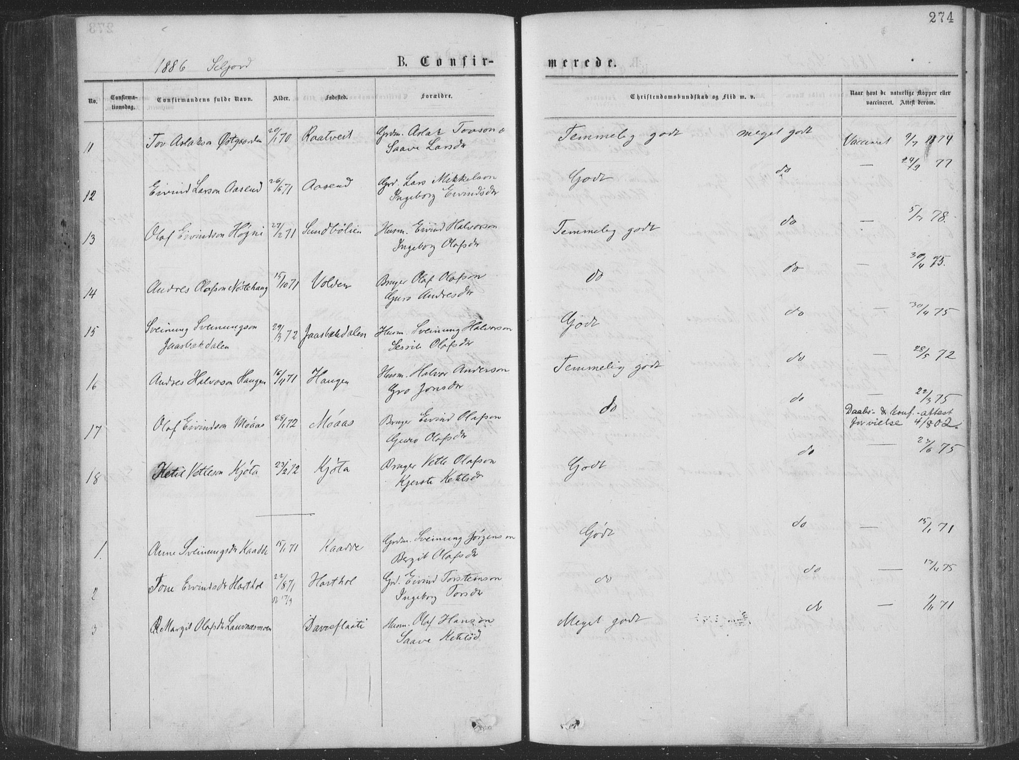 Seljord kirkebøker, SAKO/A-20/F/Fa/L0014: Parish register (official) no. I 14, 1877-1886, p. 274