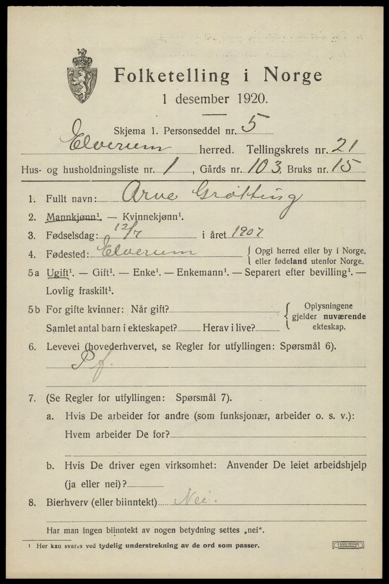 SAH, 1920 census for Elverum, 1920, p. 23832