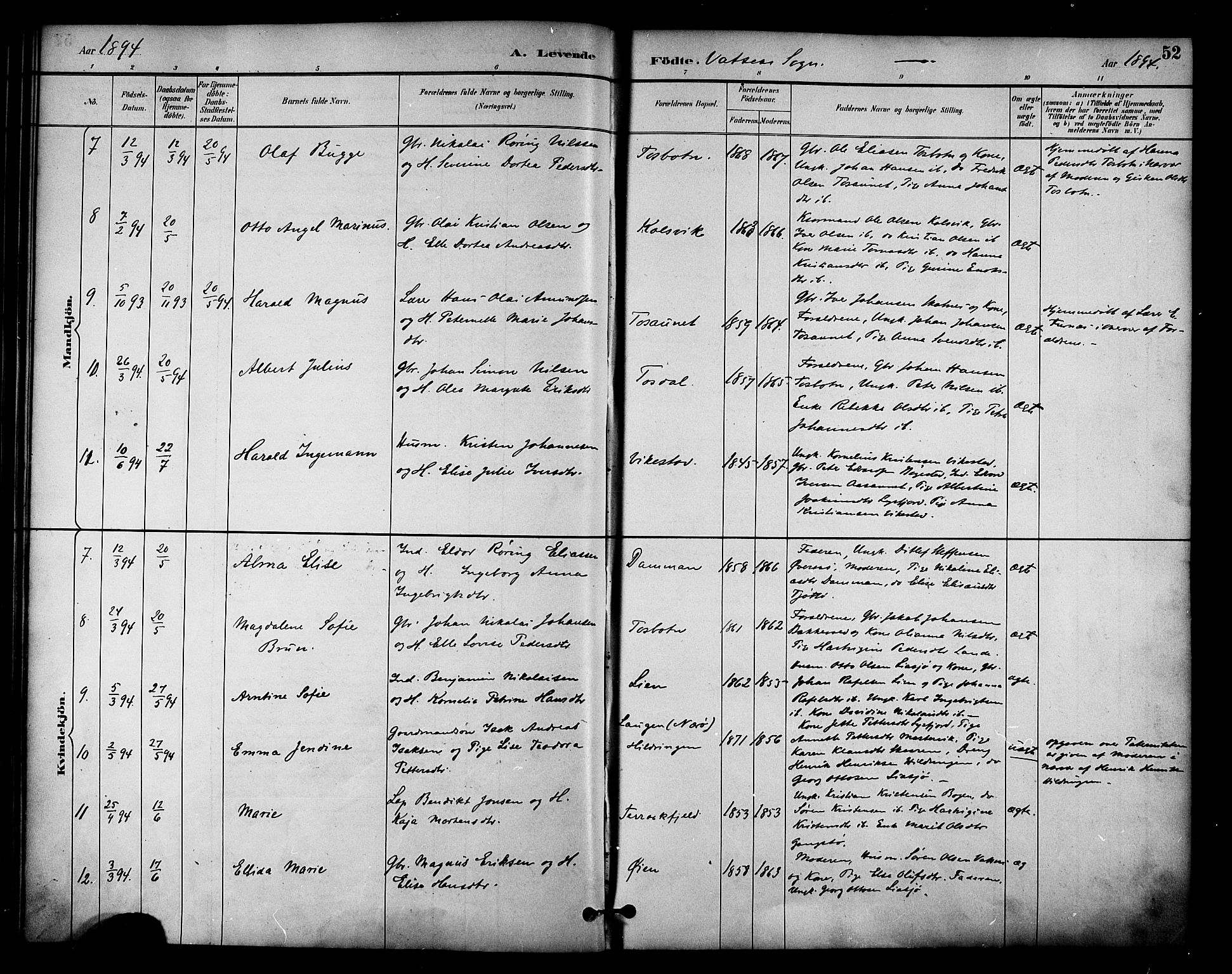 Ministerialprotokoller, klokkerbøker og fødselsregistre - Nordland, AV/SAT-A-1459/810/L0150: Parish register (official) no. 810A10 /1, 1884-1895, p. 52