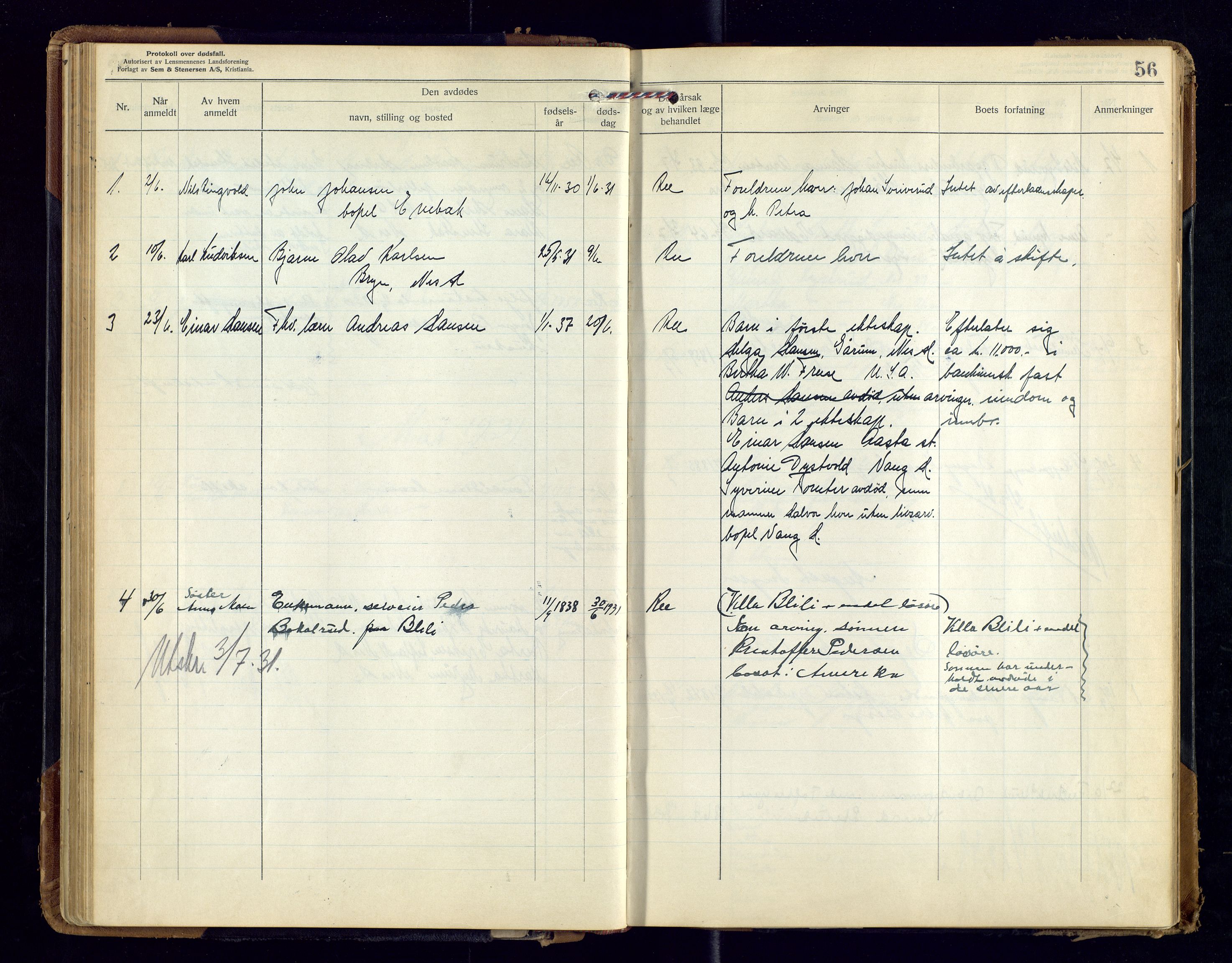 Nes, Hedmark, lensmannskontor, AV/SAH-LHB-008/H/Ha/L0001: Dødsfallsprotokoll, 1923-1948, p. 56