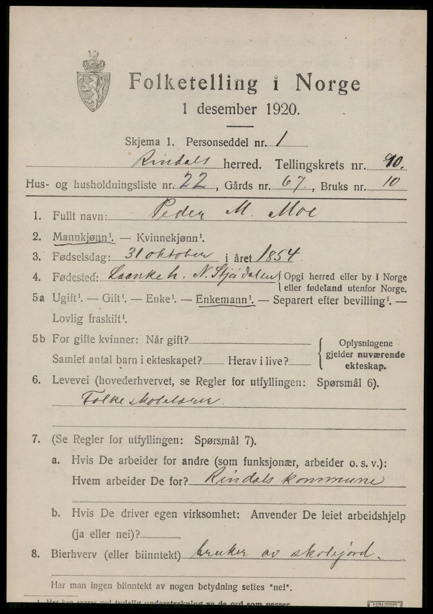 SAT, 1920 census for Rindal, 1920, p. 5402