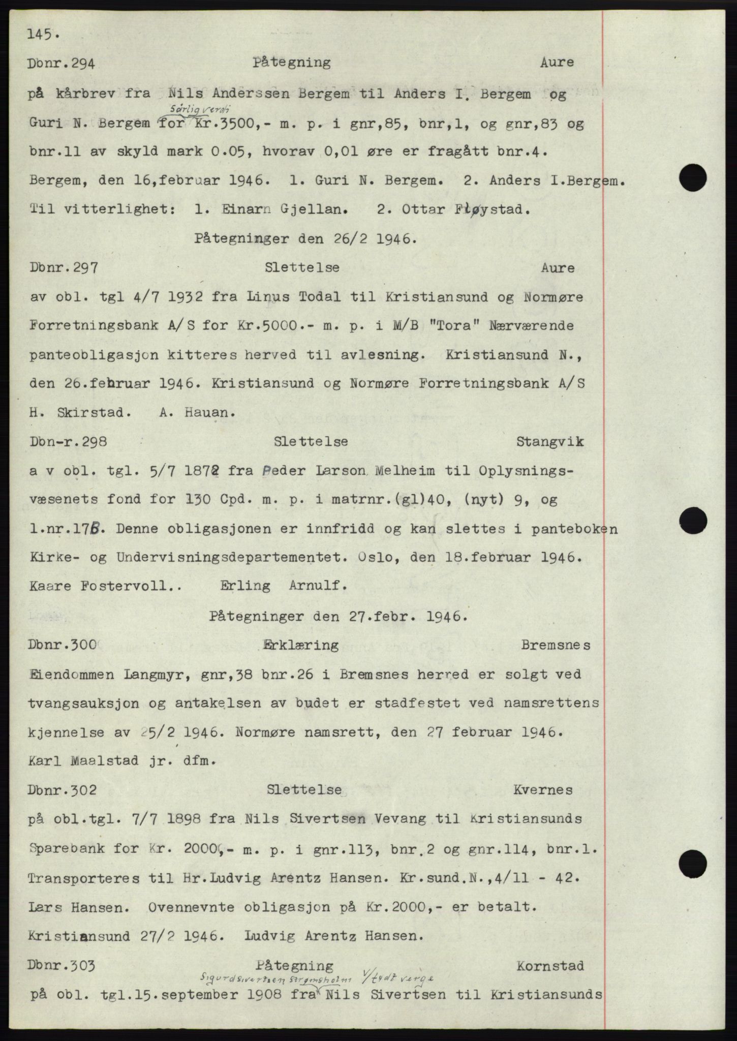 Nordmøre sorenskriveri, SAT/A-4132/1/2/2Ca: Mortgage book no. C82b, 1946-1951, Diary no: : 294/1946