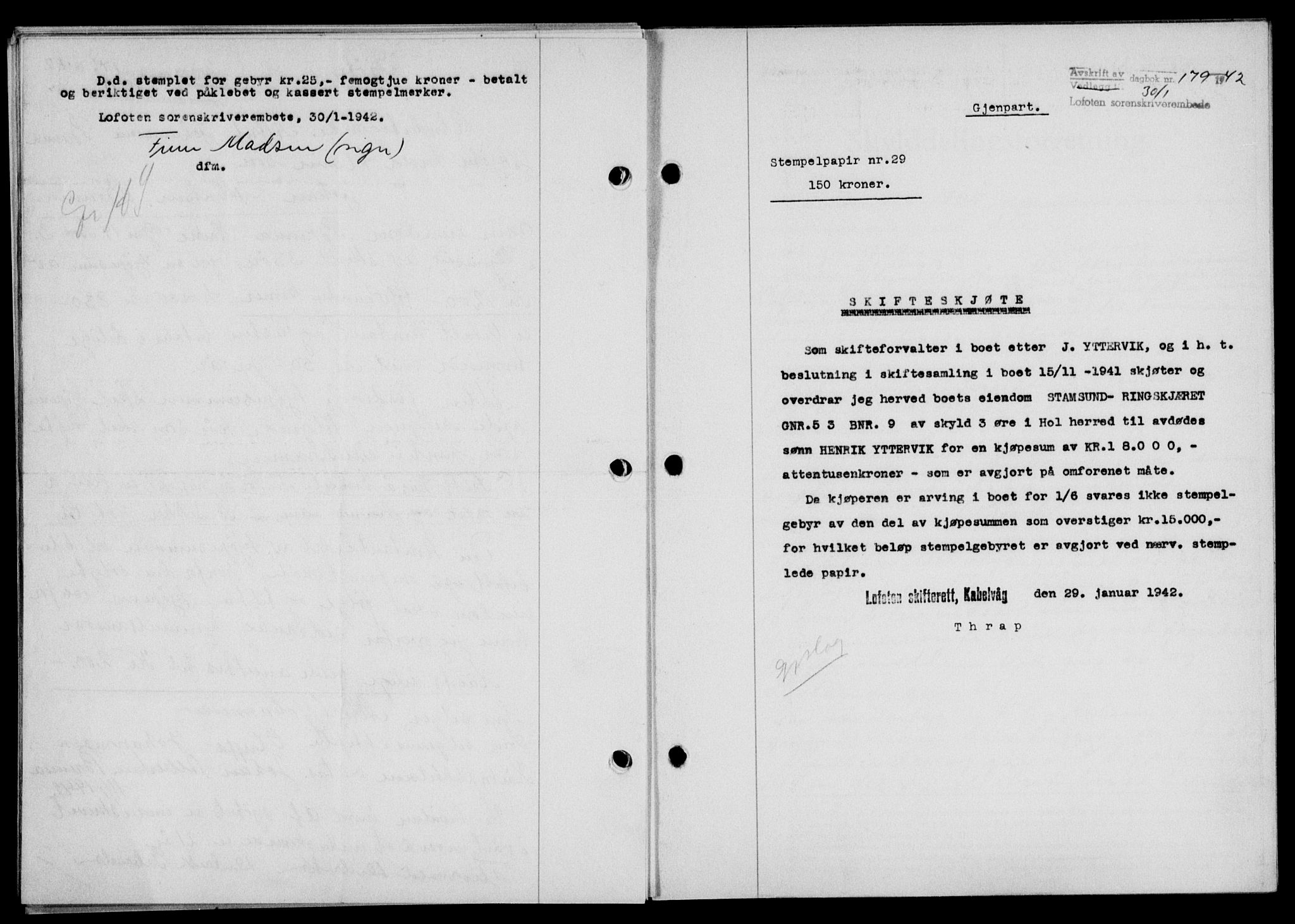 Lofoten sorenskriveri, SAT/A-0017/1/2/2C/L0009a: Mortgage book no. 9a, 1941-1942, Diary no: : 179/1942