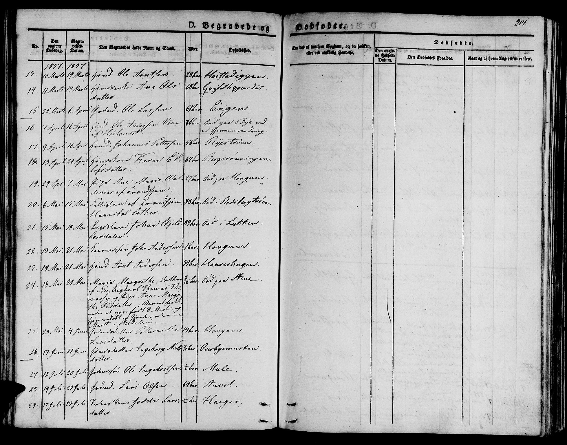 Ministerialprotokoller, klokkerbøker og fødselsregistre - Sør-Trøndelag, SAT/A-1456/612/L0374: Parish register (official) no. 612A07 /1, 1829-1845, p. 214