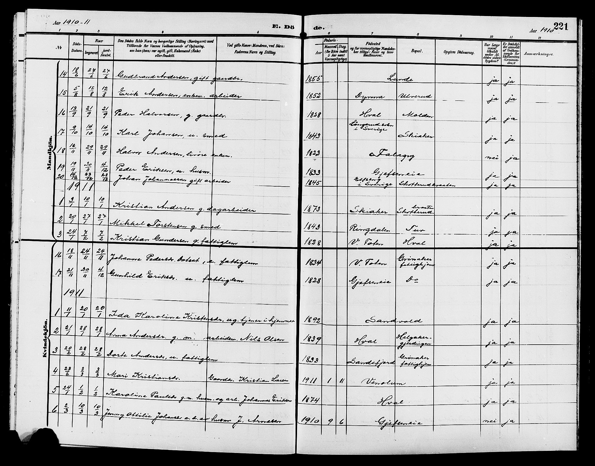 Gran prestekontor, SAH/PREST-112/H/Ha/Hab/L0006: Parish register (copy) no. 6, 1901-1911, p. 221