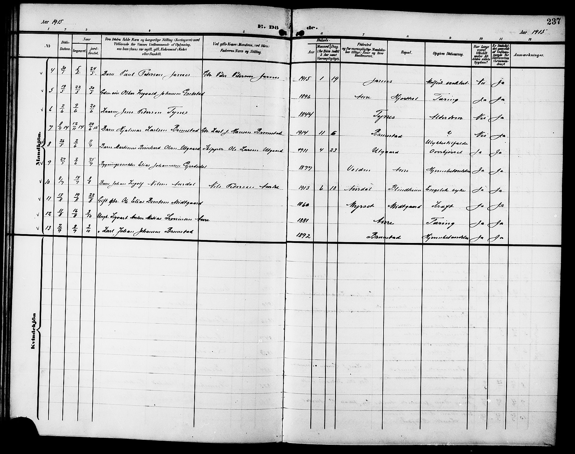 Ministerialprotokoller, klokkerbøker og fødselsregistre - Møre og Romsdal, SAT/A-1454/523/L0341: Parish register (copy) no. 523C04, 1903-1916, p. 237