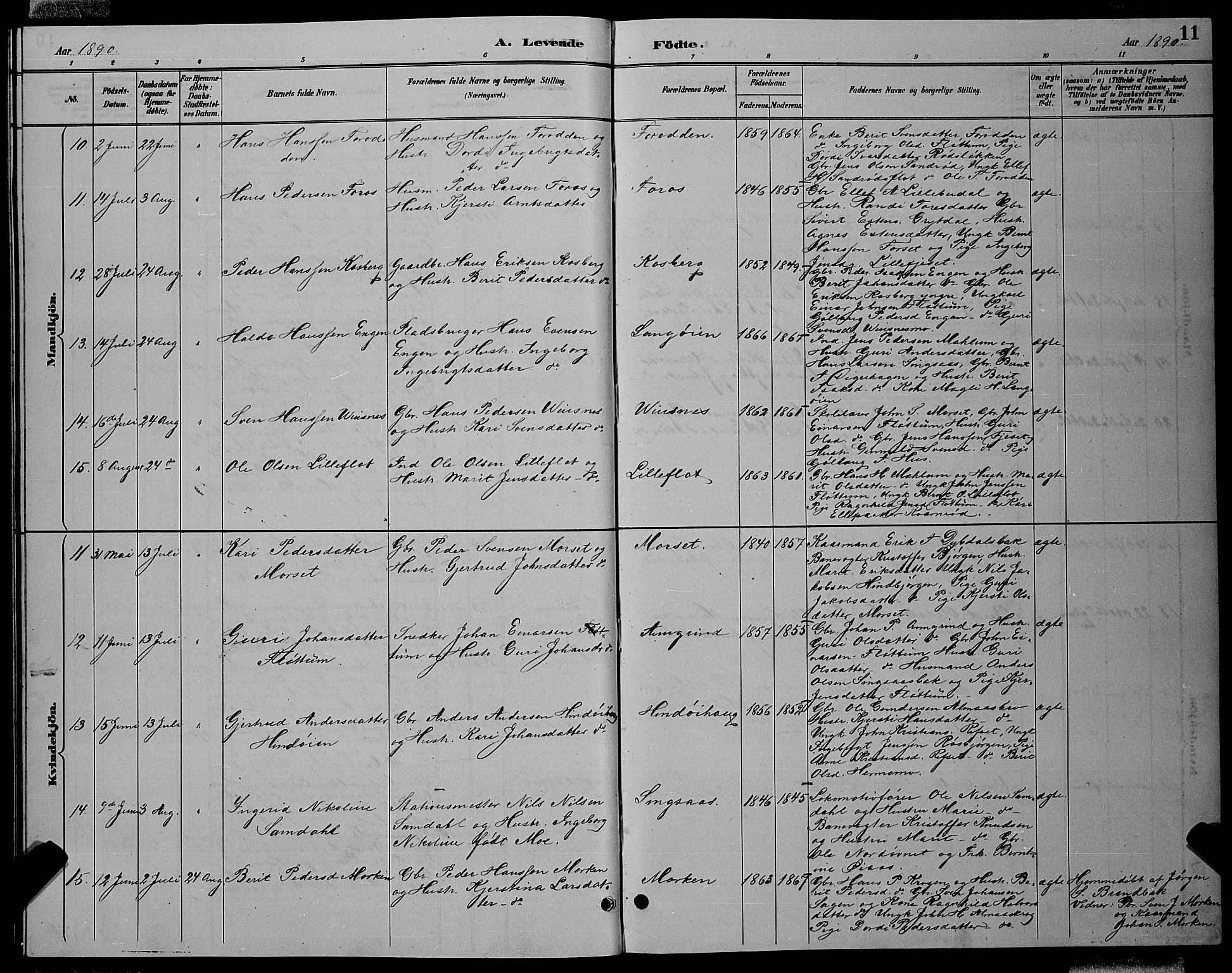 Ministerialprotokoller, klokkerbøker og fødselsregistre - Sør-Trøndelag, AV/SAT-A-1456/688/L1028: Parish register (copy) no. 688C03, 1889-1899, p. 11