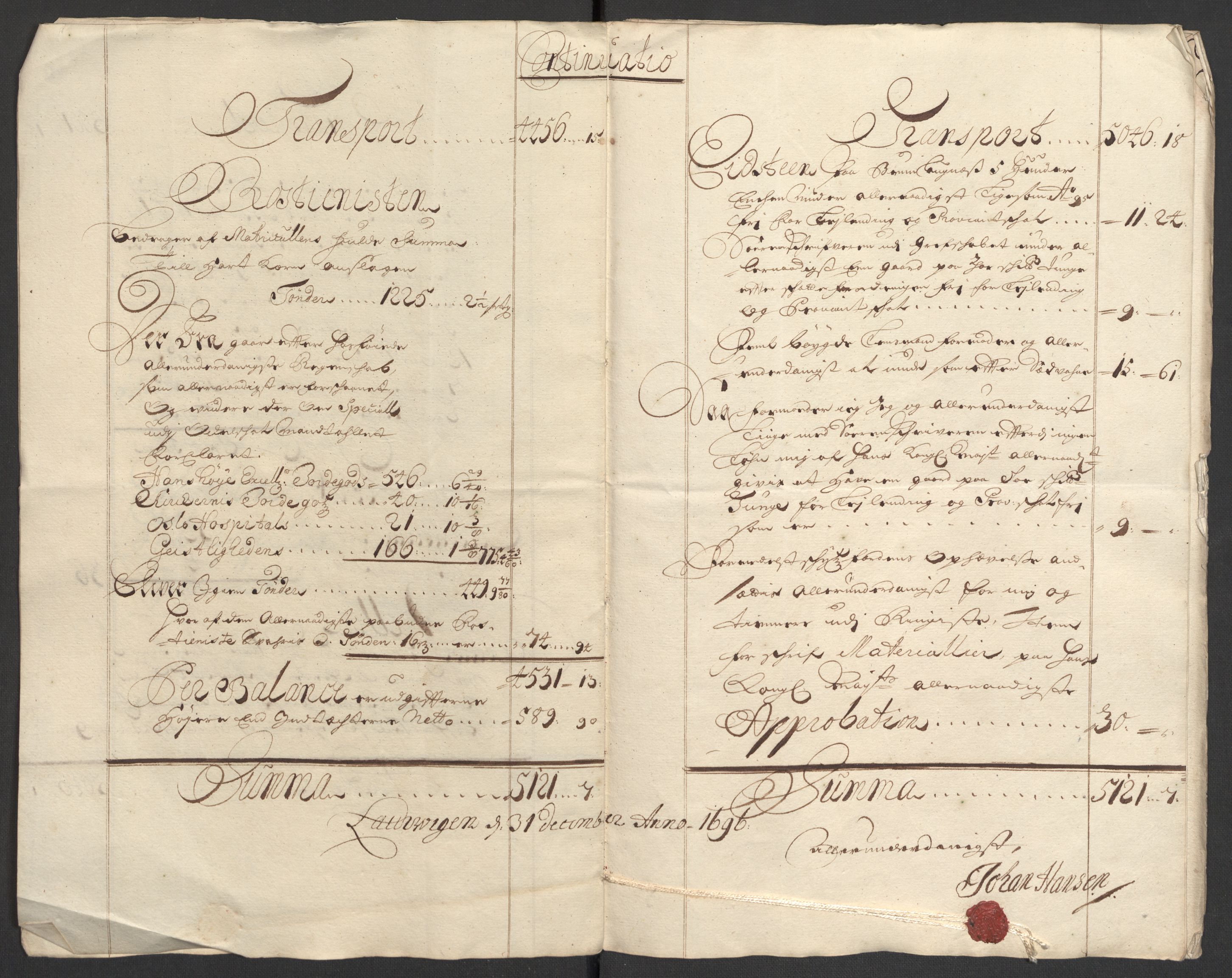 Rentekammeret inntil 1814, Reviderte regnskaper, Fogderegnskap, AV/RA-EA-4092/R33/L1975: Fogderegnskap Larvik grevskap, 1696-1697, p. 10