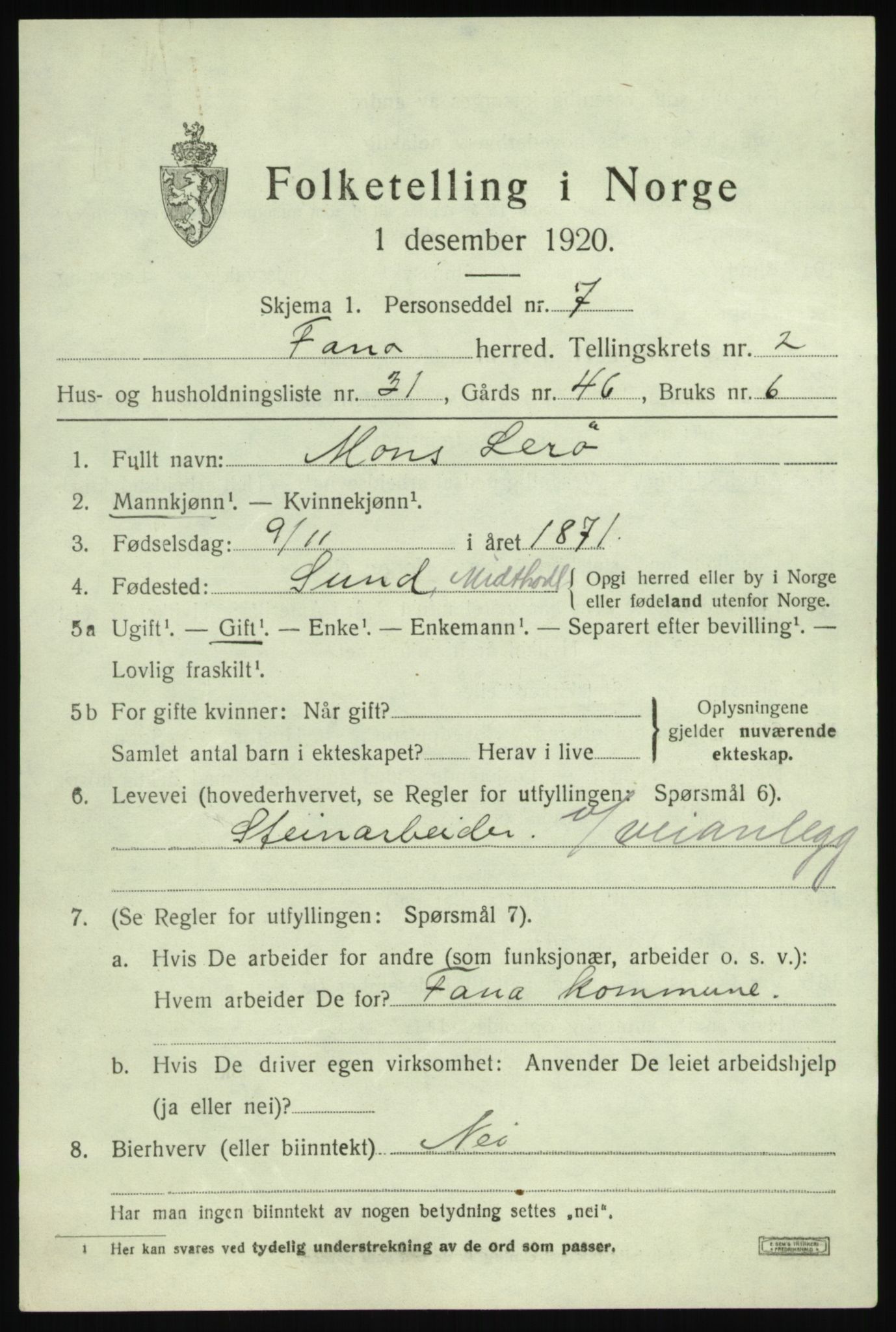 SAB, 1920 census for Fana, 1920, p. 4841