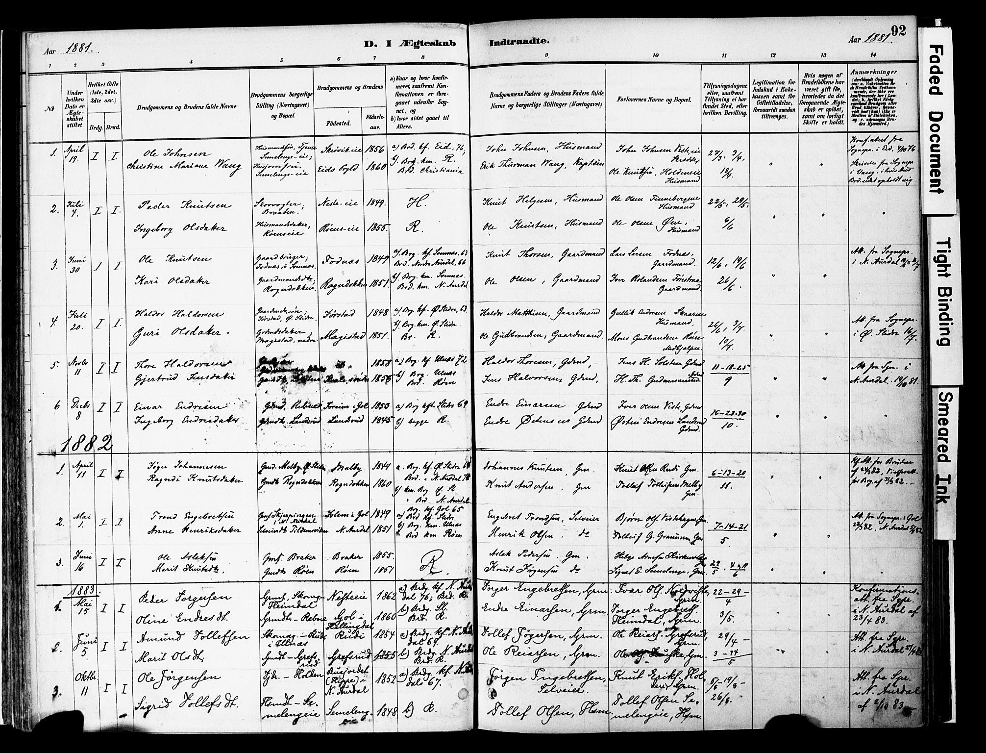 Vestre Slidre prestekontor, SAH/PREST-136/H/Ha/Haa/L0006: Parish register (official) no. 6, 1881-1912, p. 92