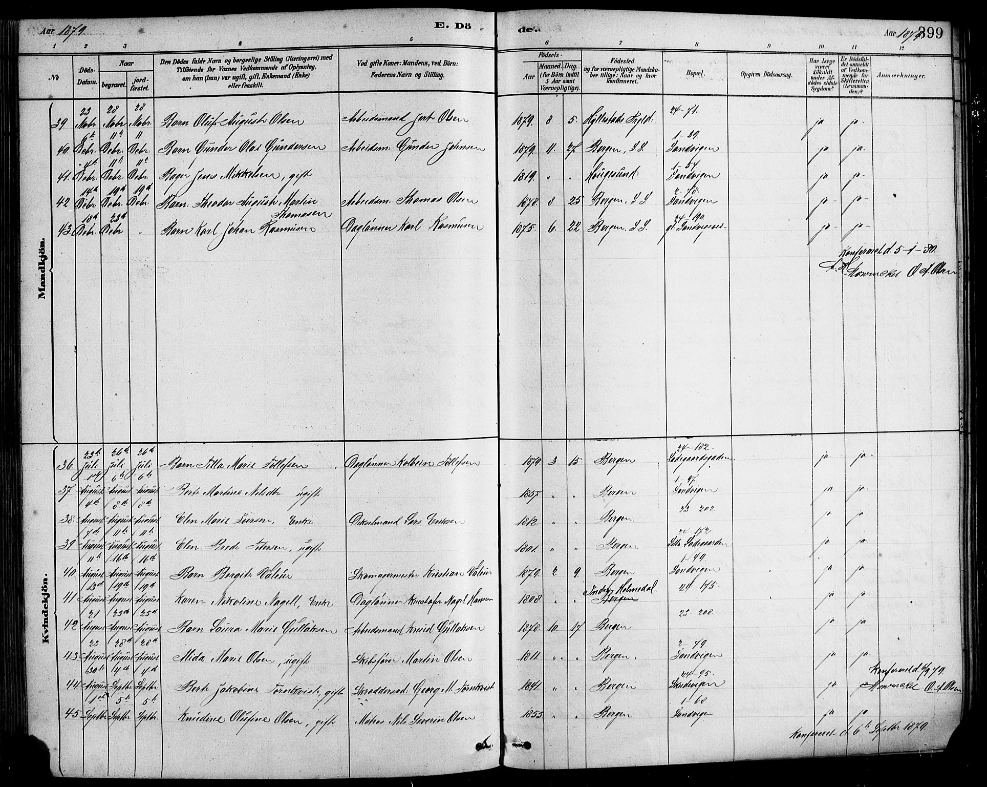 Sandviken Sokneprestembete, SAB/A-77601/H/Hb/L0001: Parish register (copy) no. A 2, 1879-1892, p. 399