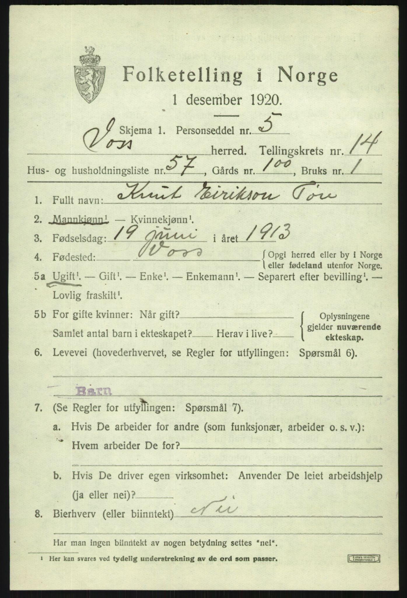 SAB, 1920 census for Voss, 1920, p. 12485