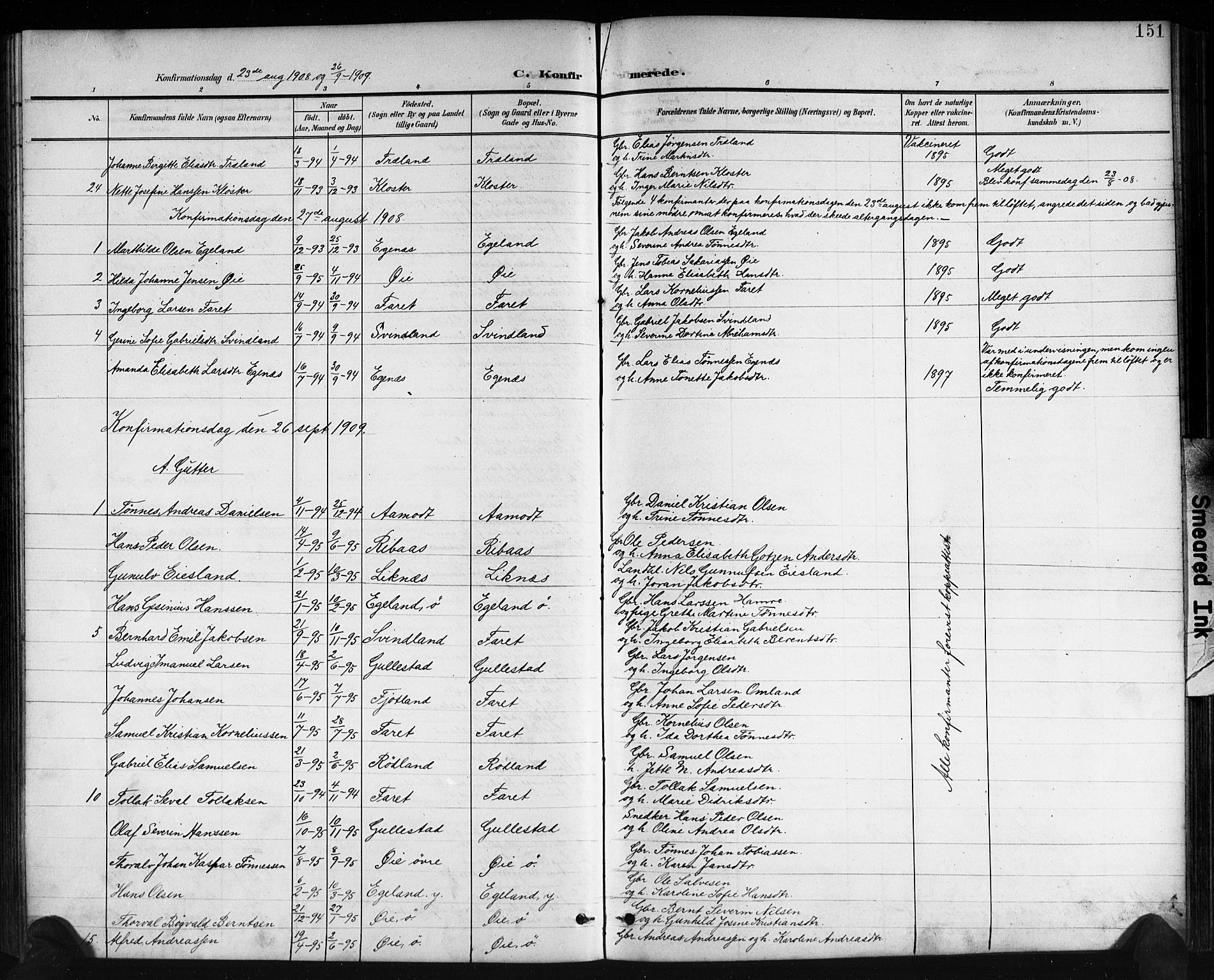 Kvinesdal sokneprestkontor, SAK/1111-0026/F/Fb/Fbb/L0003: Parish register (copy) no. B 3, 1898-1916, p. 151
