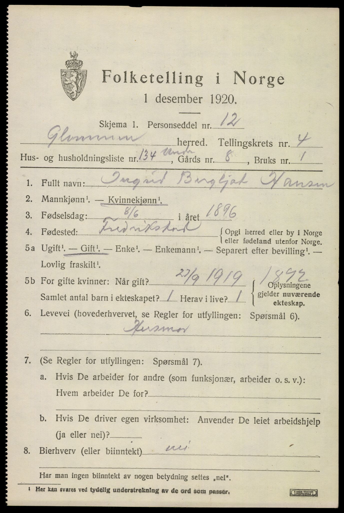 SAO, 1920 census for Glemmen, 1920, p. 14997