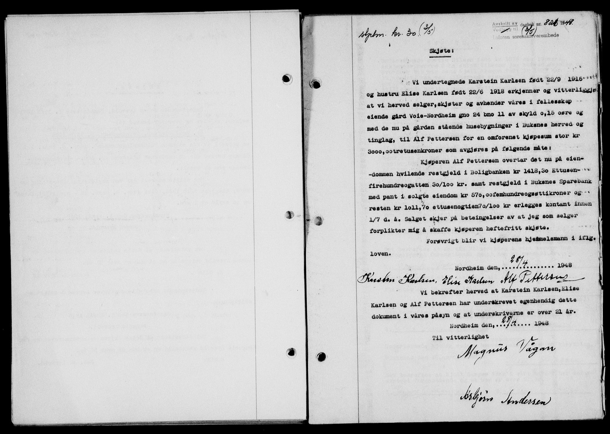 Lofoten sorenskriveri, SAT/A-0017/1/2/2C/L0018a: Mortgage book no. 18a, 1948-1948, Diary no: : 826/1948