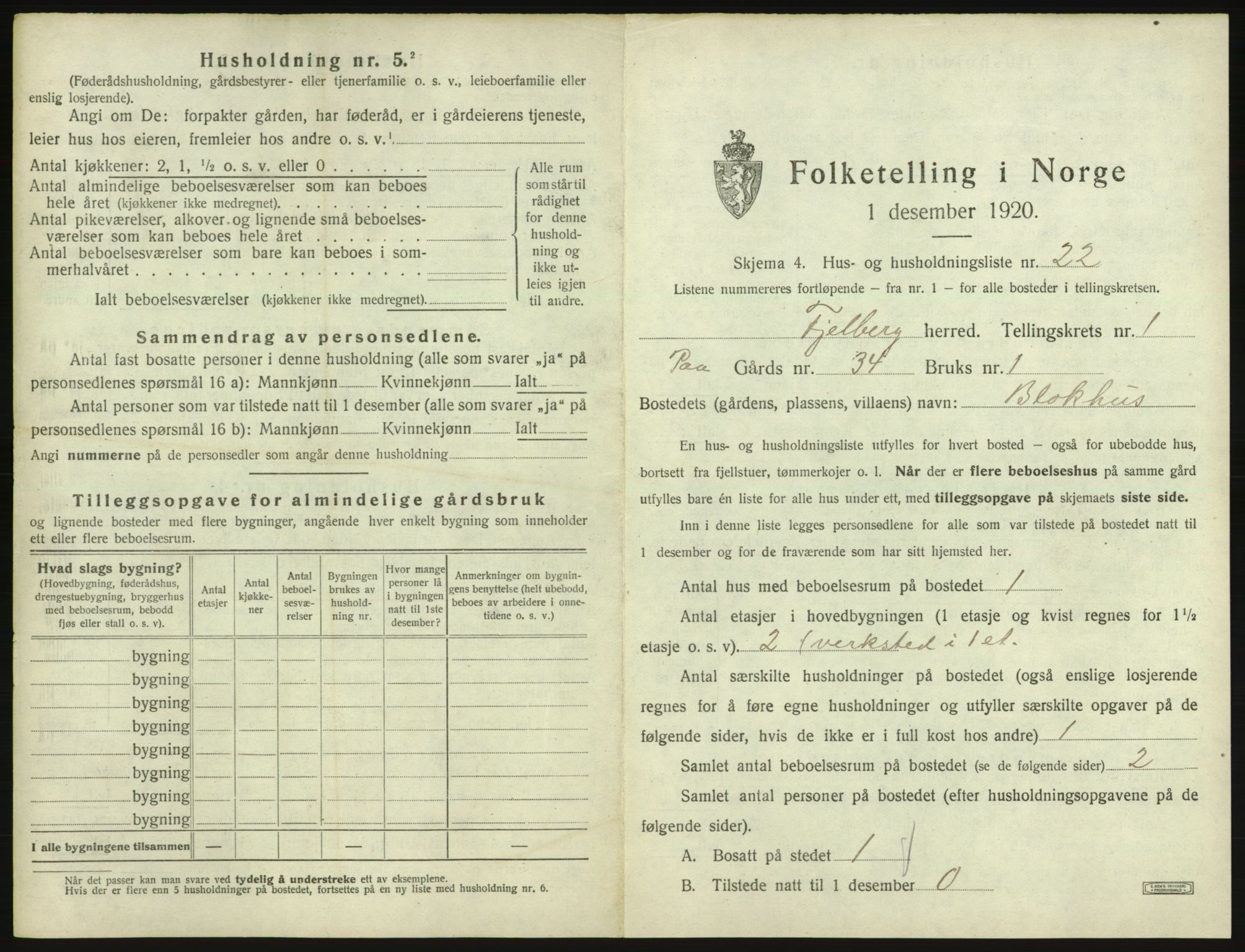 SAB, 1920 census for Fjelberg, 1920, p. 75