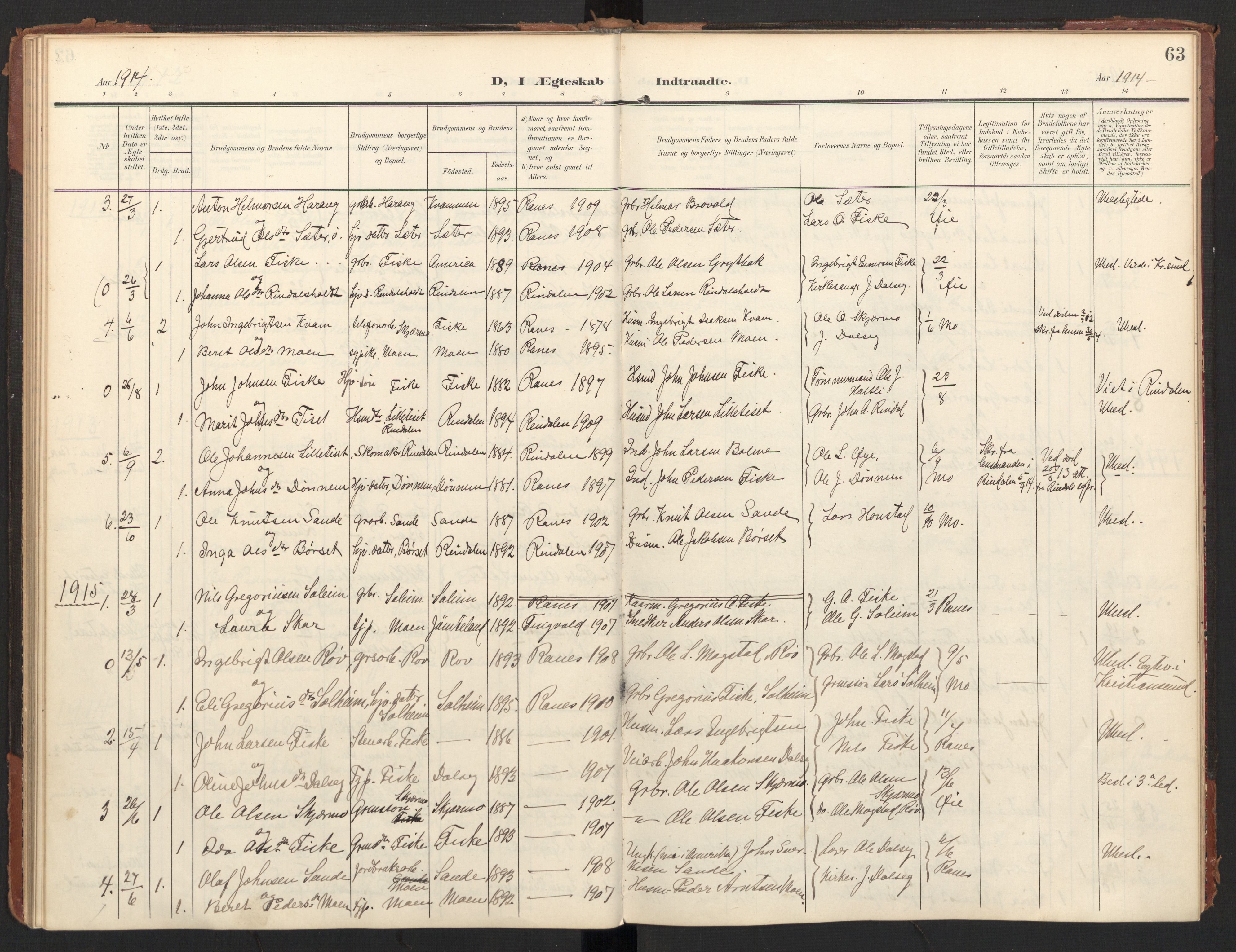 Ministerialprotokoller, klokkerbøker og fødselsregistre - Møre og Romsdal, SAT/A-1454/597/L1063: Parish register (official) no. 597A02, 1905-1923, p. 63