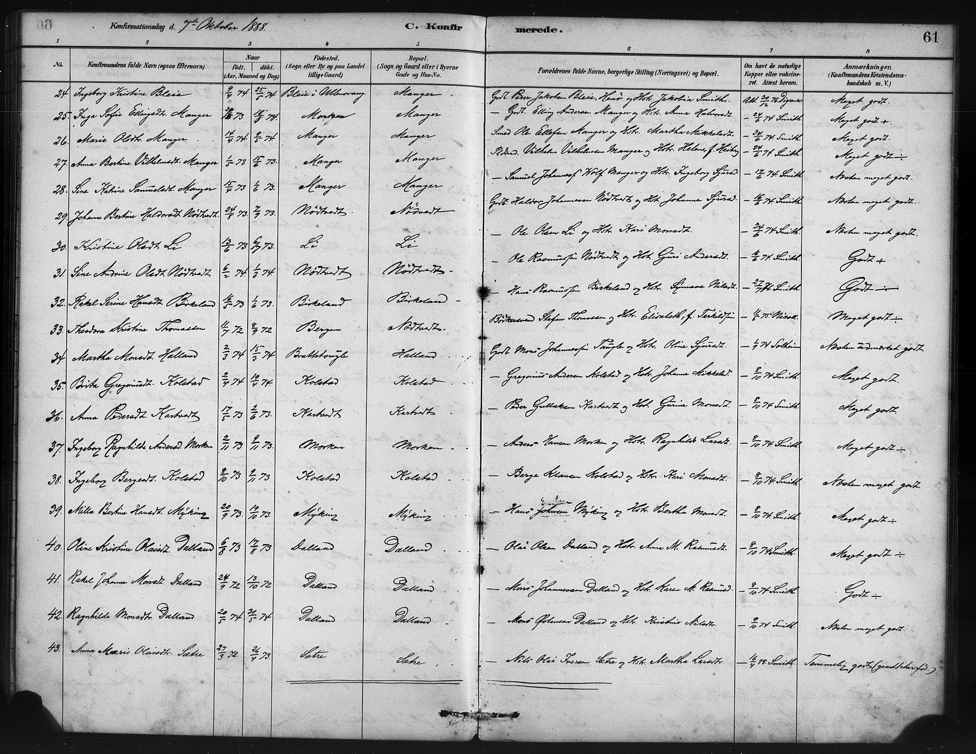 Manger sokneprestembete, SAB/A-76801/H/Haa: Parish register (official) no. B 1, 1881-1892, p. 61