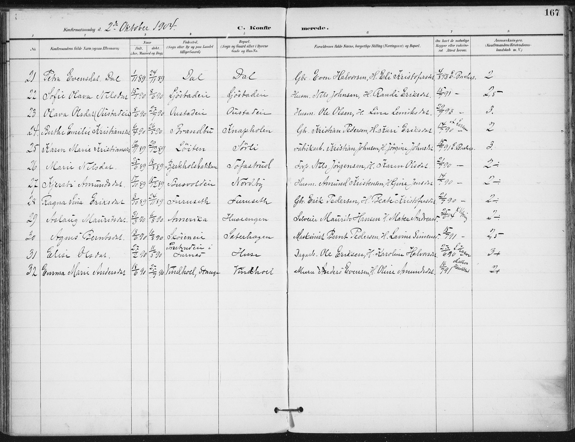 Romedal prestekontor, SAH/PREST-004/K/L0011: Parish register (official) no. 11, 1896-1912, p. 167