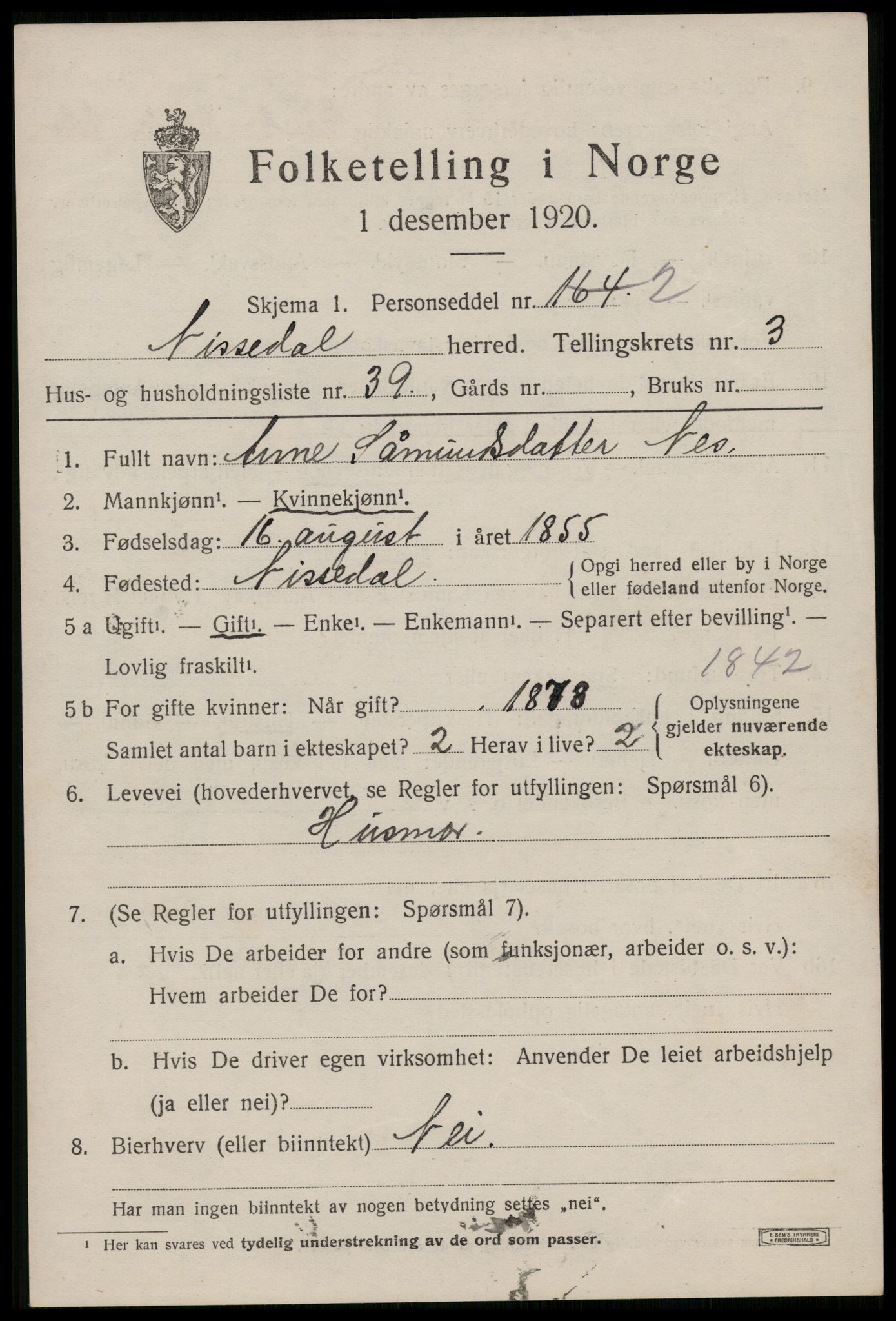 SAKO, 1920 census for Nissedal, 1920, p. 1825