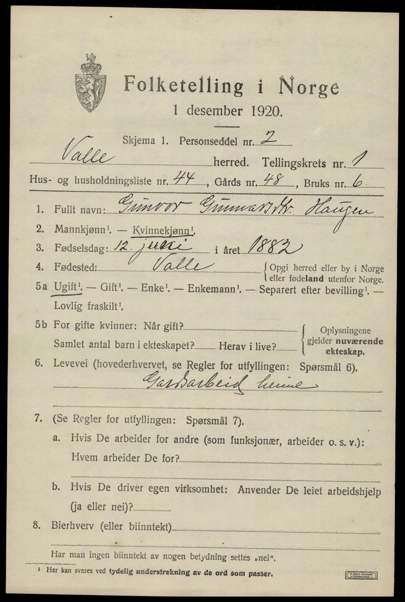 SAK, 1920 census for Valle, 1920, p. 945