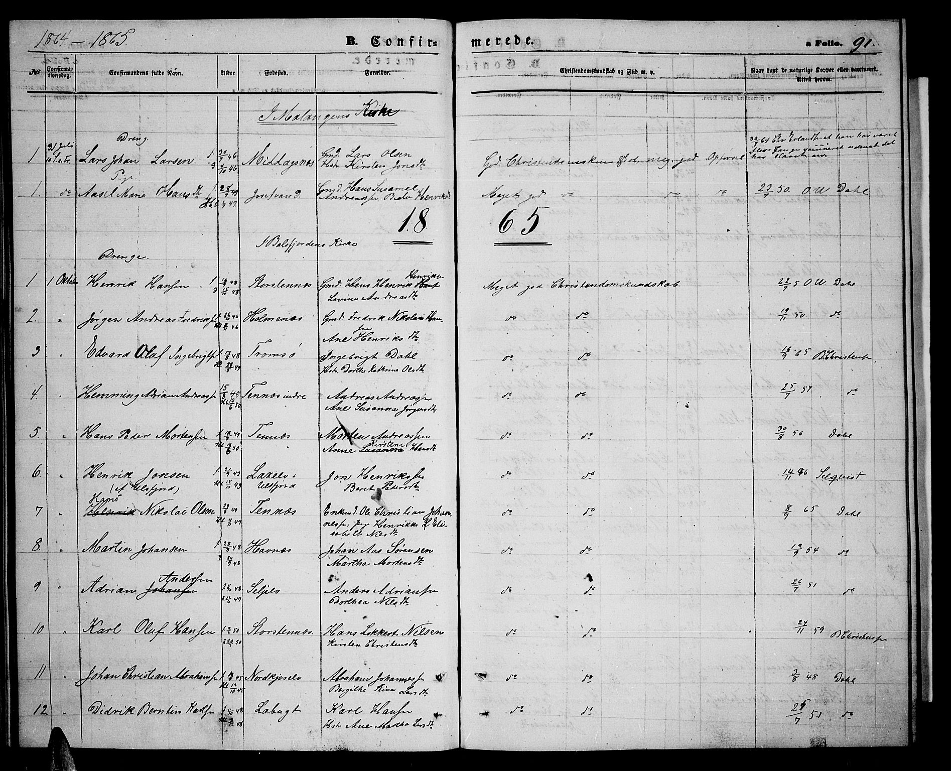 Balsfjord sokneprestembete, SATØ/S-1303/G/Ga/L0006klokker: Parish register (copy) no. 6, 1863-1878, p. 91