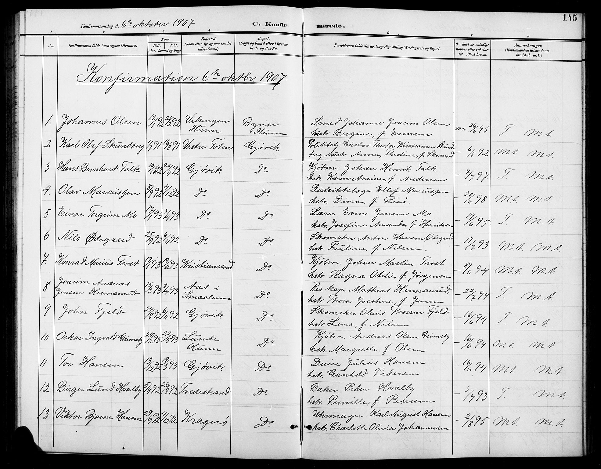 Vardal prestekontor, SAH/PREST-100/H/Ha/Hab/L0012: Parish register (copy) no. 12, 1902-1911, p. 145