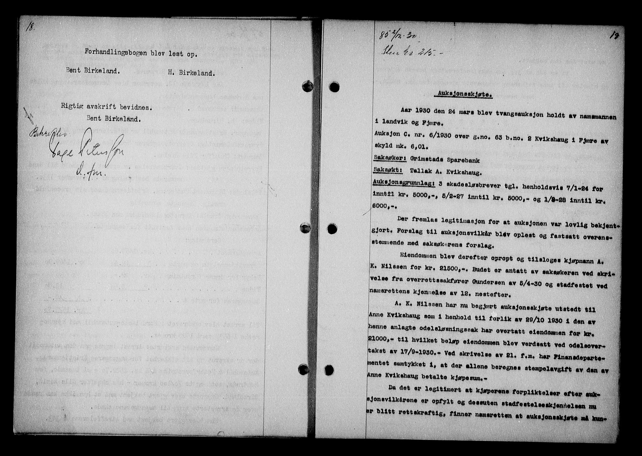 Vestre Nedenes/Sand sorenskriveri, AV/SAK-1221-0010/G/Gb/Gba/L0040: Mortgage book no. 66, 1930-1932, p. 18-19