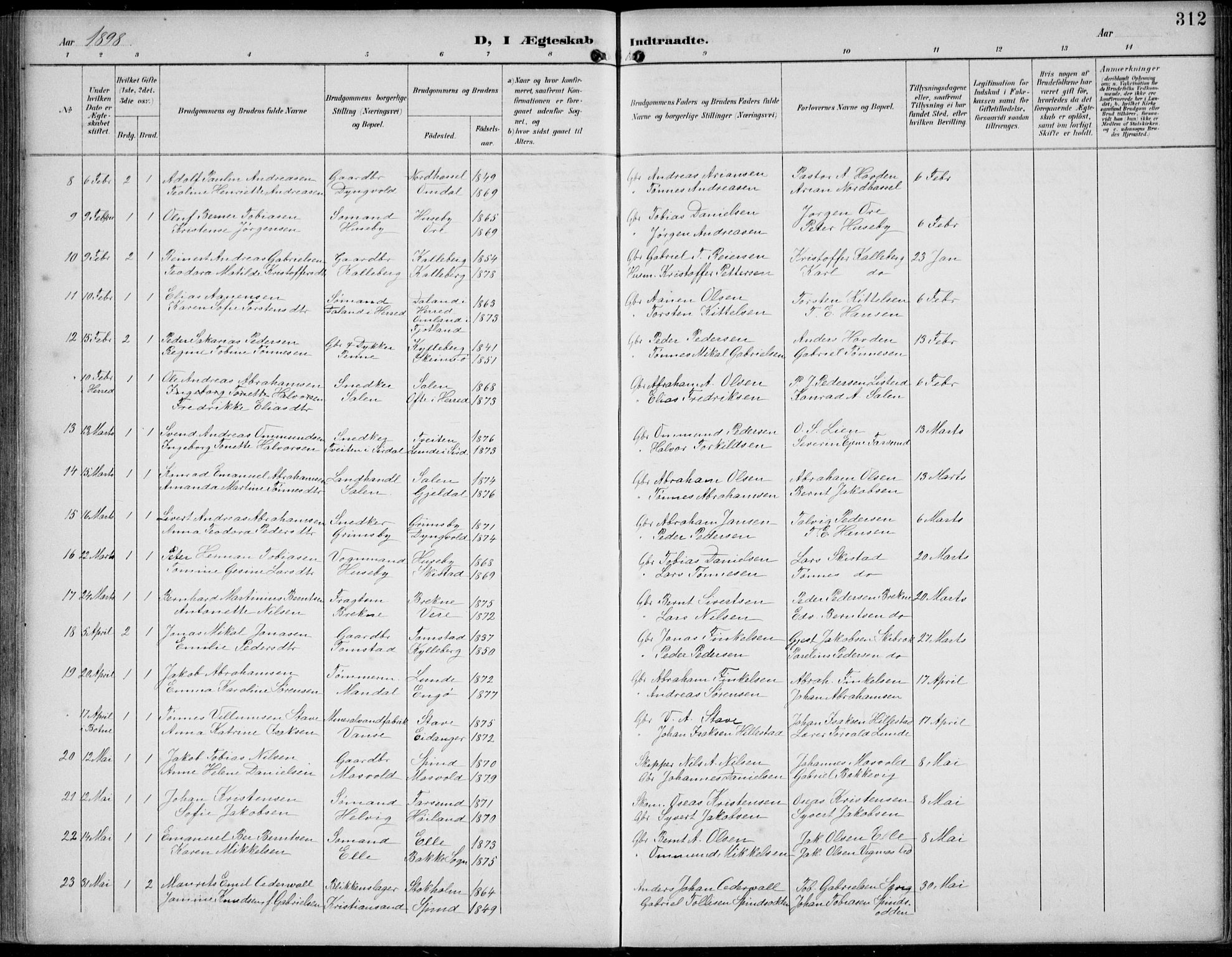 Lista sokneprestkontor, AV/SAK-1111-0027/F/Fb/L0005: Parish register (copy) no. B 5, 1892-1923, p. 312