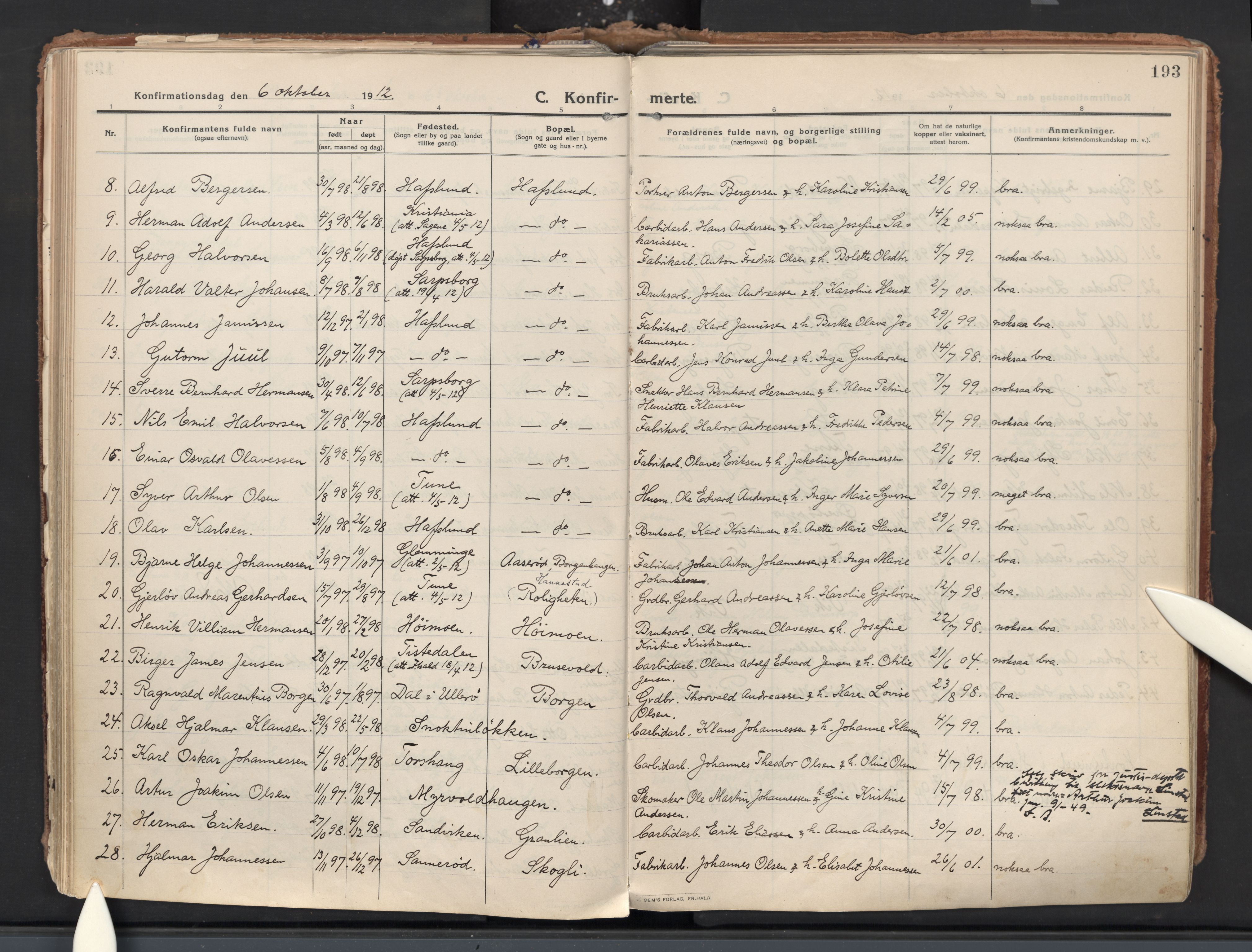 Skjeberg prestekontor Kirkebøker, AV/SAO-A-10923/F/Fa/L0011: Parish register (official) no. I 11, 1912-1939, p. 193