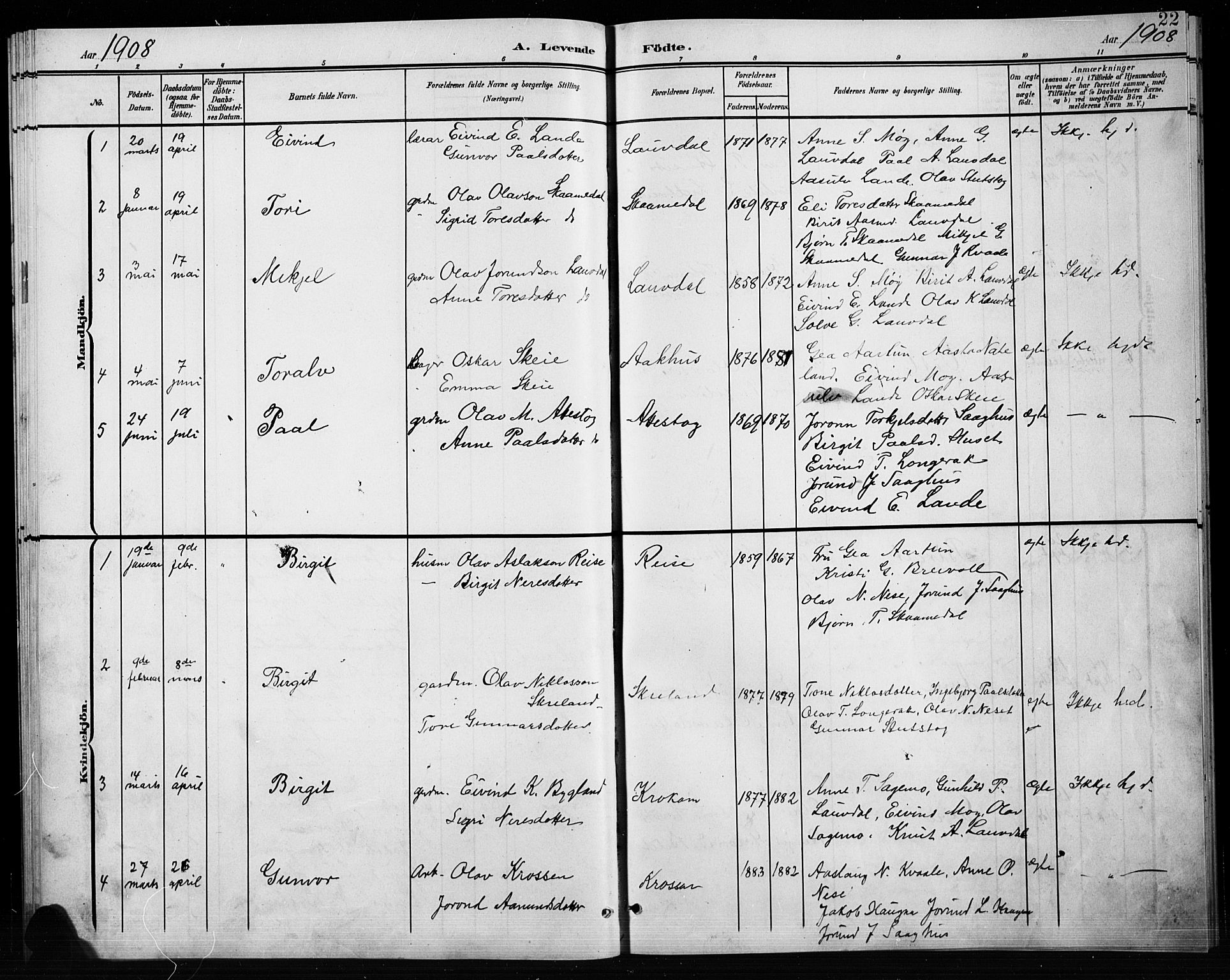 Bygland sokneprestkontor, AV/SAK-1111-0006/F/Fb/Fbb/L0004: Parish register (copy) no. B 4, 1902-1920, p. 22